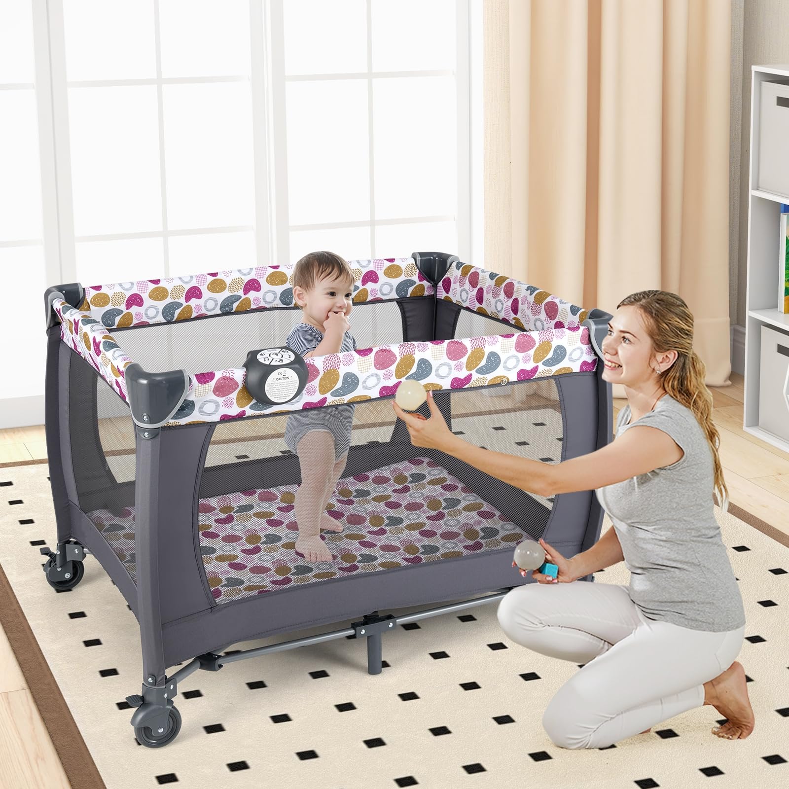 LIFEZEAL 5 en 1 Lit de Voyage Bébé, Lit Pparapluie avec Table à Langer, roulettes Verrouillables et Sac de Transport, Berceau Évolutif avec Boîte à Musique pour Bébé (Gris+Rouge Rose, 106x74x74cm)