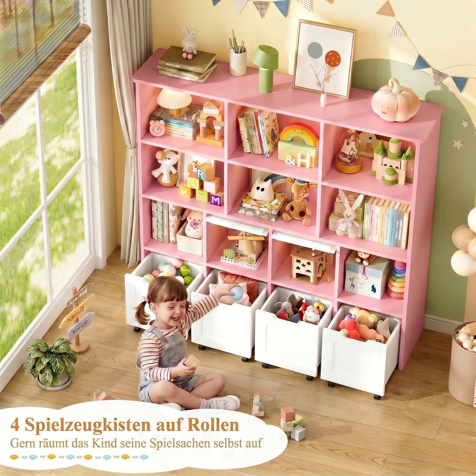 IRONCK Kinderregal Bücherregal mit verdeckte Klapptür (Rosa) | Kinderzimmer Möbel Spielzeugregl mit 4 Boxen auf Rollen, Kinder Kleiderschrank Aufbewahrungregal mit 10 Fächer