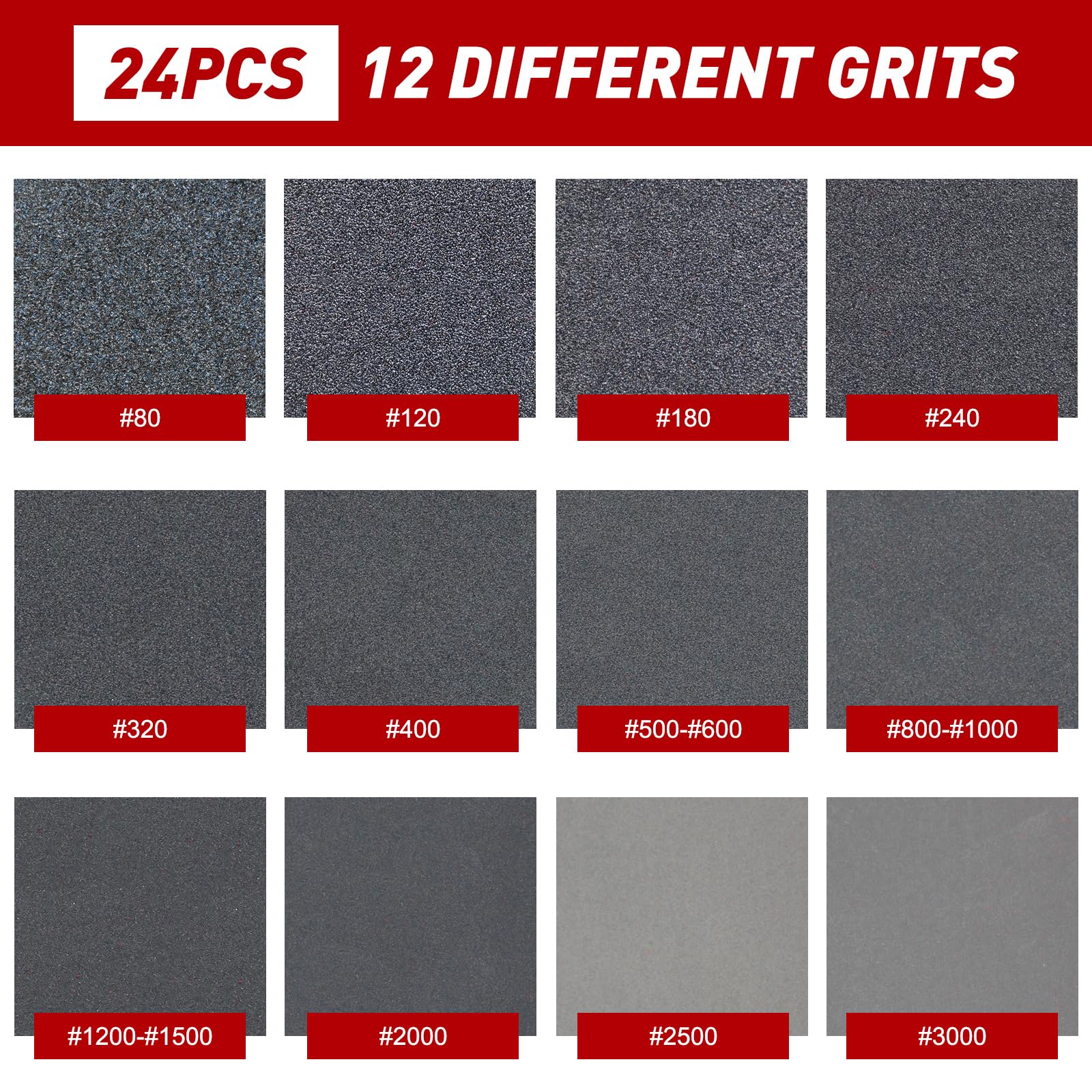 24 Pièces Éponges à Poncer Grains 80/120/180/240/320/400/500-600/800-1000/1200-1500/2000/2500/3000 Papier Abrasif Sec et Humide Flexibles Eponge Abrasive, Cloisons Sèches, Métal et Peinture - 4