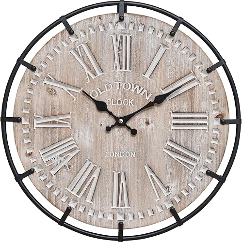 Miniatura 3 de Reloj de pared rústico de 12 pulgadas con círculo de metal y números grabados grandes, silencioso con pilas, para oficina, cocina, dormitorio, sala