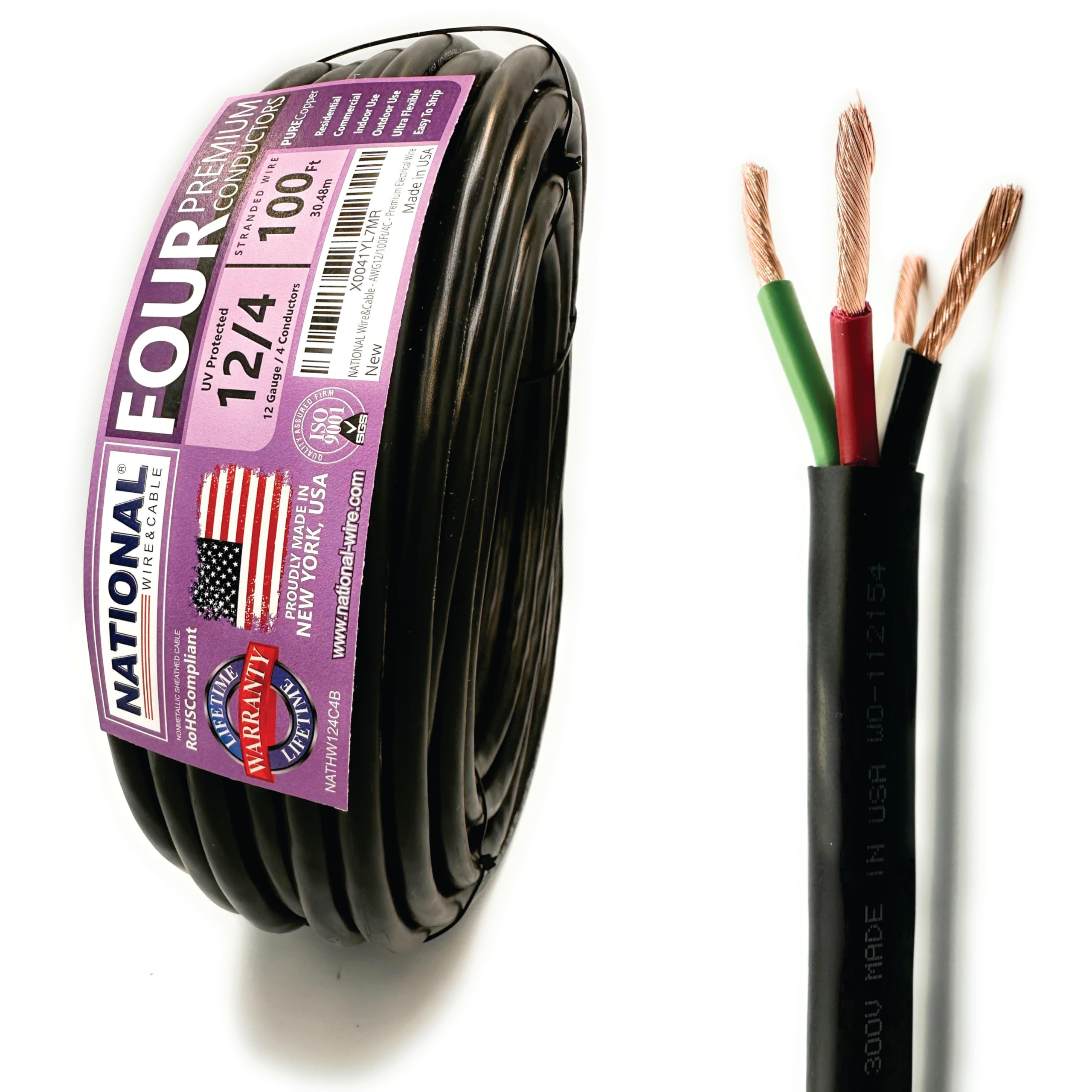NATIONAL Wire & Cable – 12 AWG 4-Conductor Premium Copper Wire, 100 ft, Stranded | Made in USA, Heavy-Duty Flexible Jacket | Automotive, Solar, Home,