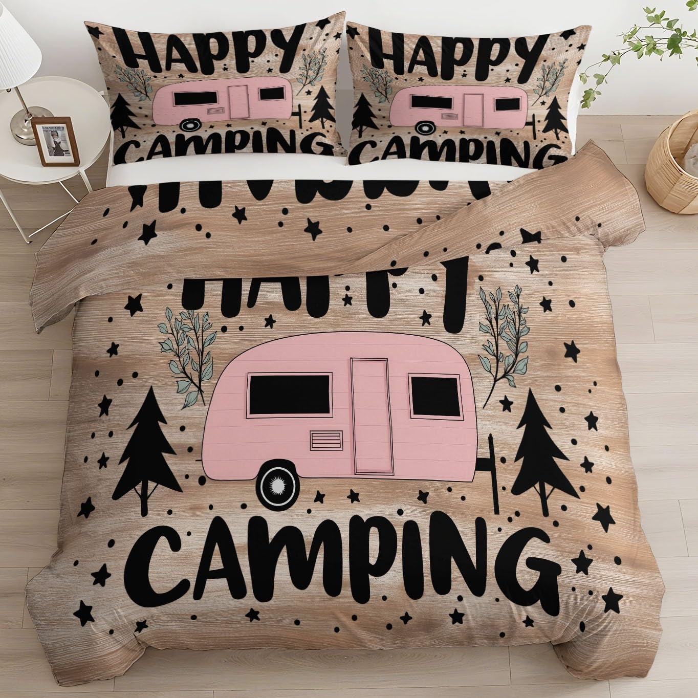 Copripiumino Matrimoniale Set 200 x 200 cm con 2 Federa, Campeggio Divertente Tema All'Aria Aperta Copripiumino in Morbido e Anallergico 100% Microfibra con Cerniera per Bambini e Adulti, Cachi