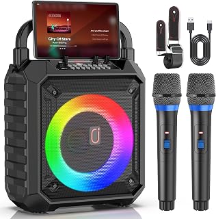 Portable Karaoke Machine with 2 Wireless Mics, 30W Bluetooth 5.3 Speaker, DJ Lights for Parties, Kids & Adults