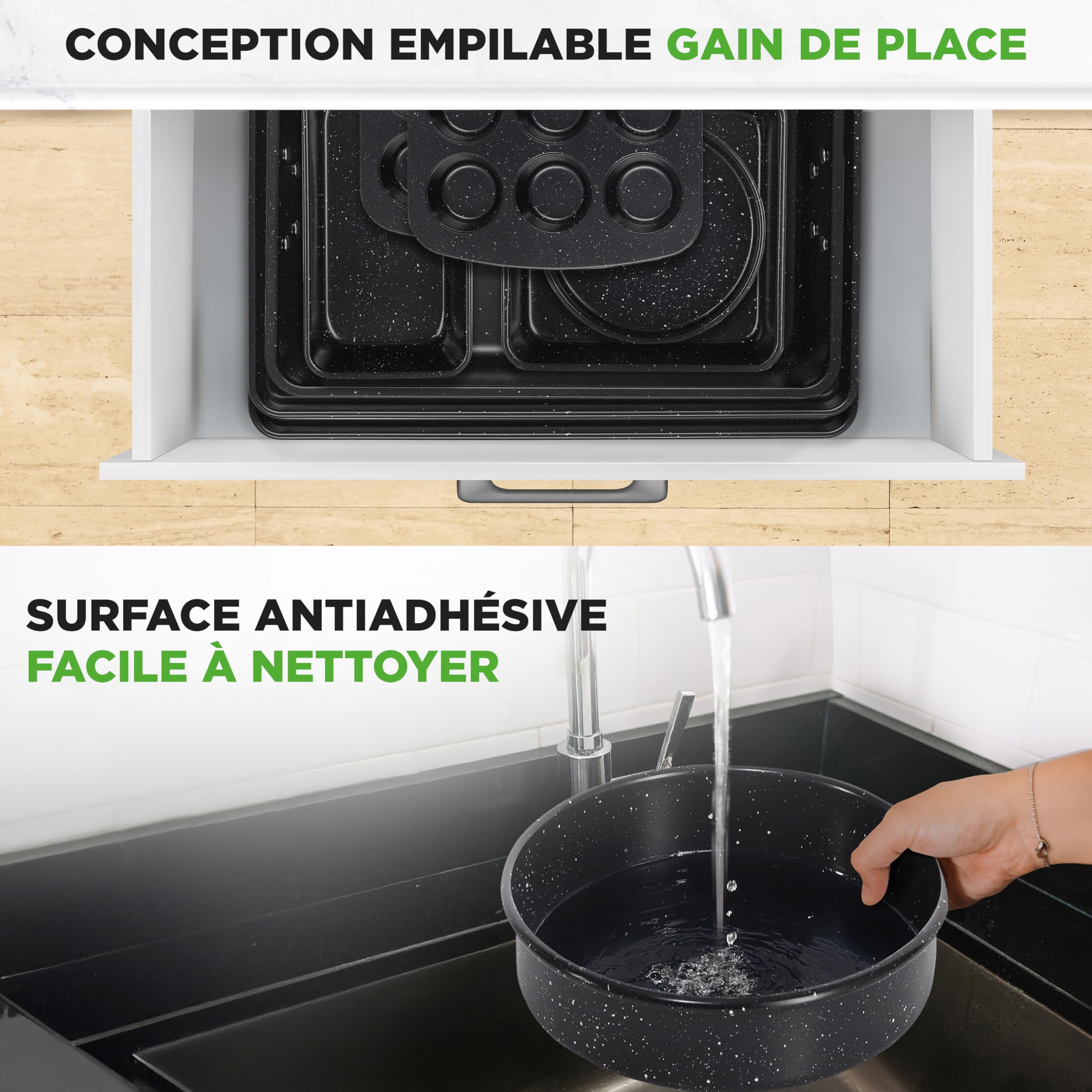 NutriChef Ensemble de Moules à Pâtisserie Empilables 8 Pièces,Plaque de Cuisson, Moule à Muffins, Rond, à Cake, Carré & Profond, Acier au Carbone Antiadhésif Haute Qualité, Four ≤230 °C, Marbre Noir