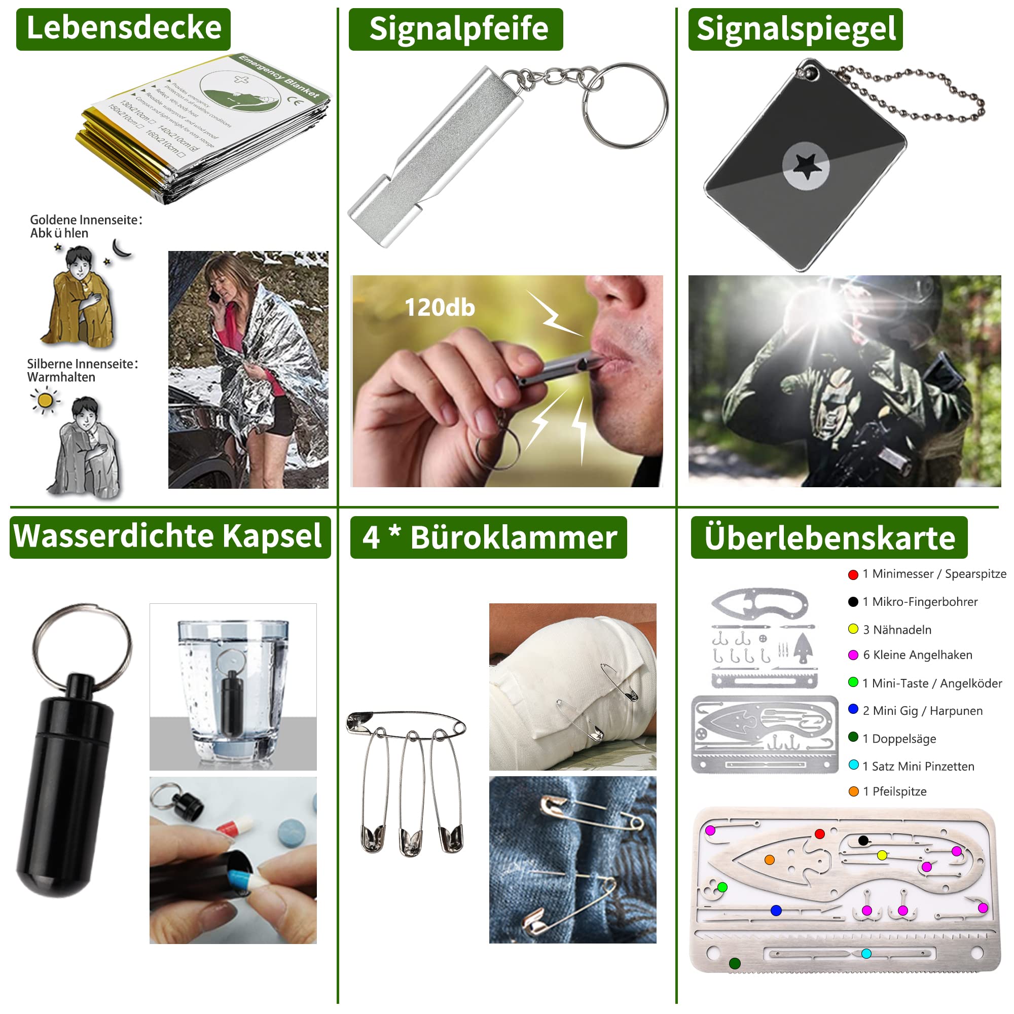 FINIBO Survival Kit 21 in 1, Outdoor Ausrüstung, Außen Notfall Set mit Kompass Taktische Taschenlampe und Weiterem Zubehör, für Camping, Bushcraft, Wandern, Jagde, Abenteuer, Schwarz, 20.6*12.8*5.5cm