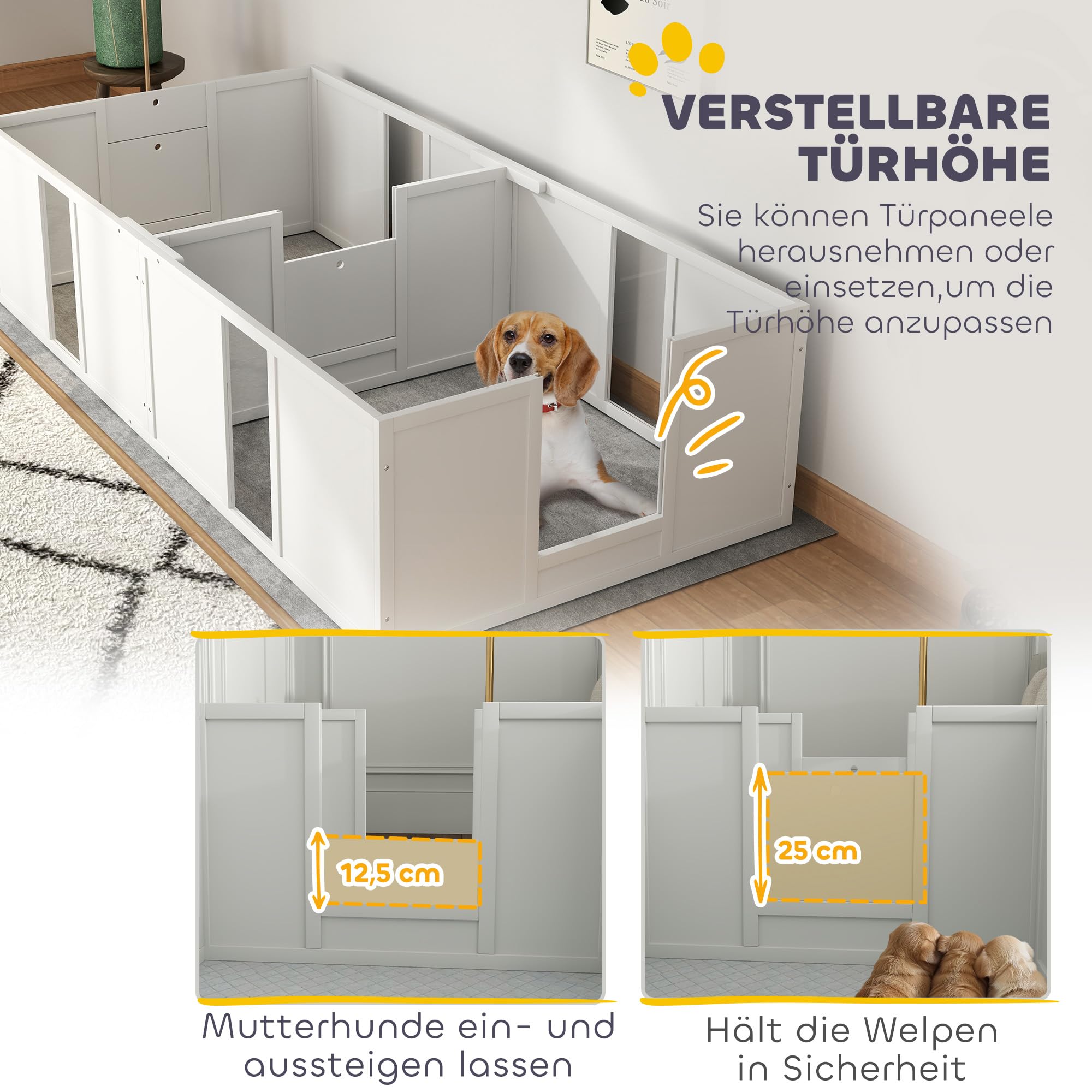 PawHut Wurfkiste für Welpen Hundelaufstall mit Tür 196 x 96 x 48 cm Weiß | Welpenauslauf mit Rutschfeste Bodenschoner, Hunde Wurfbox aus Holz, Welpenlaufstall für Mittelgroße Hunde