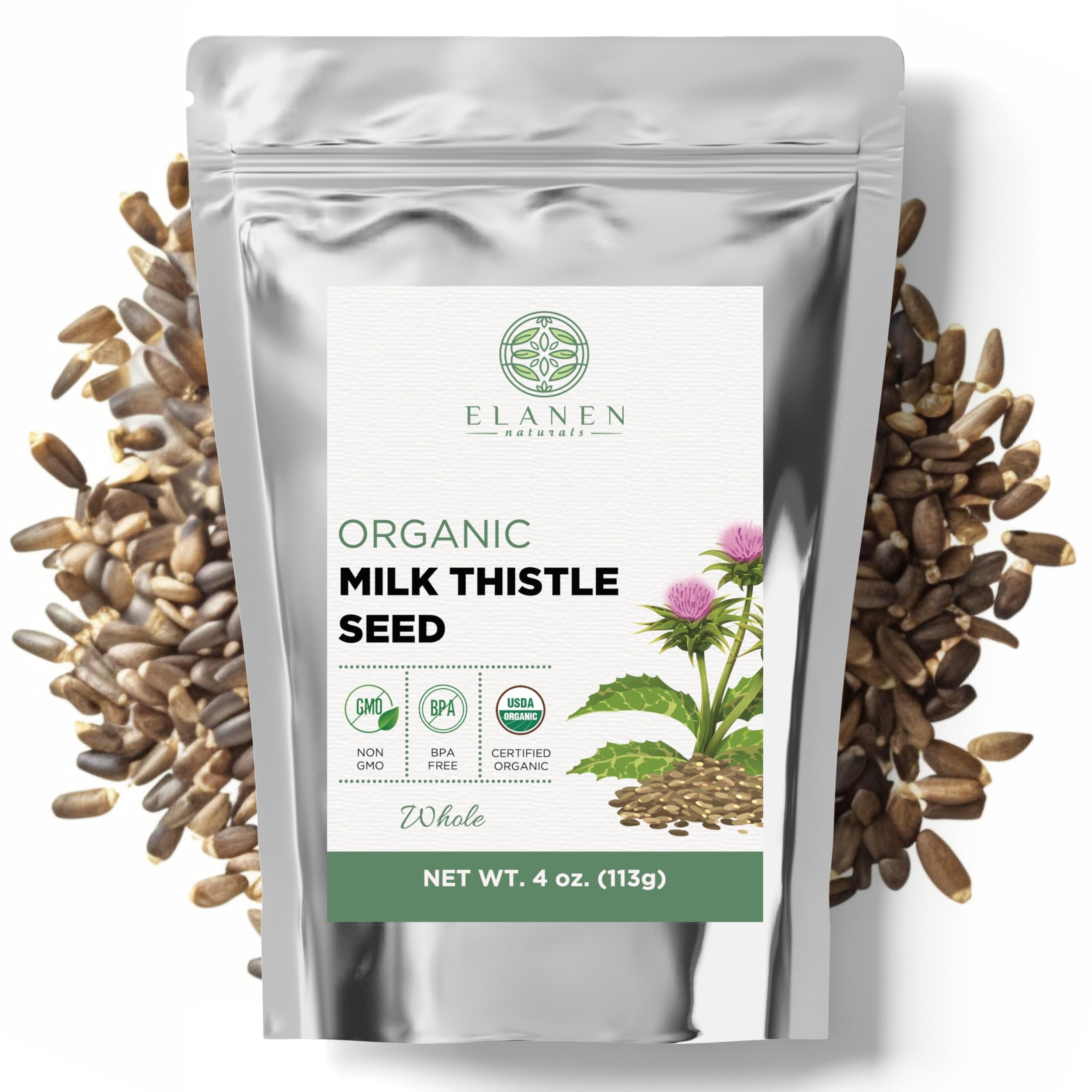Organic Milk Thistle Seeds 4 oz. (113g), USDA Certified Organic Semillas de Mariano, Silybum marianum, Bulk Dried Natural Milk Thistle Seed, Whole