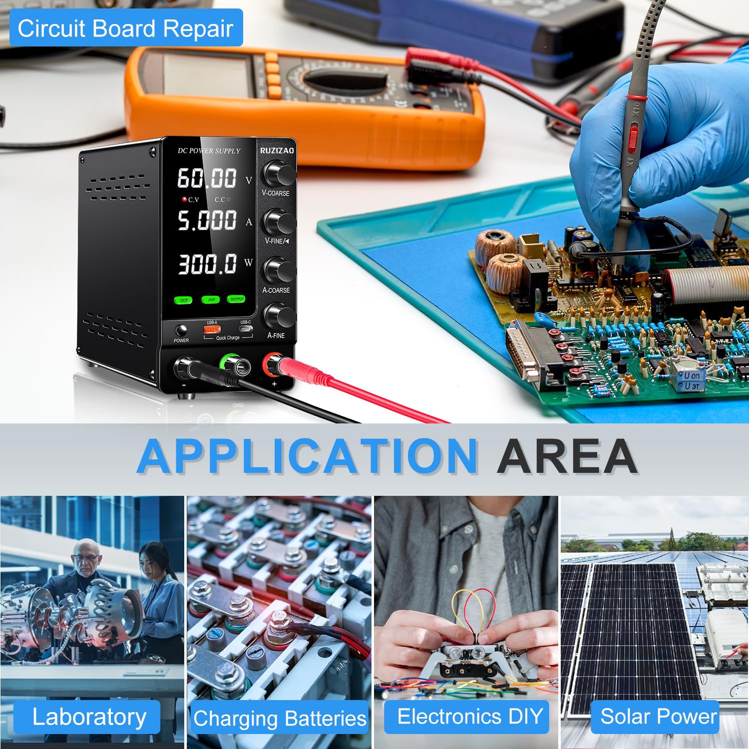 Alimentation de Laboratoire 60V 5A Alimentation Stabilisée Réglable avec OCP/OVP/Interrupteur de Sortie/Encodeurs de Précision, Alimentation de Banc de Laboratoire avec 18W USB Charge Rapide