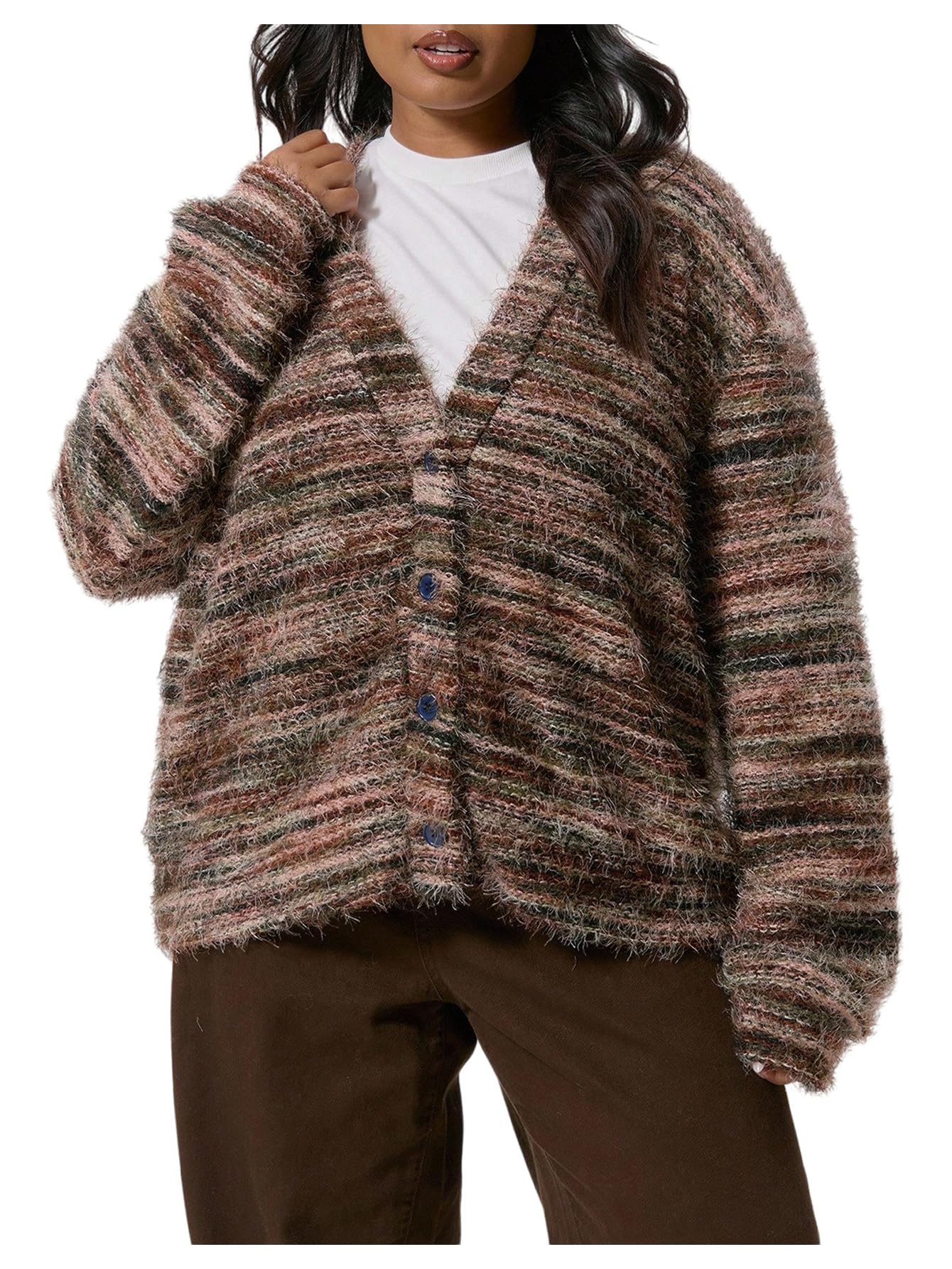 Womens Plus Size Fall Striped Cardigan Sweaters Fuzzy Oversized Sweater Button Up V Neck Long Sleeve Knit Outerwear