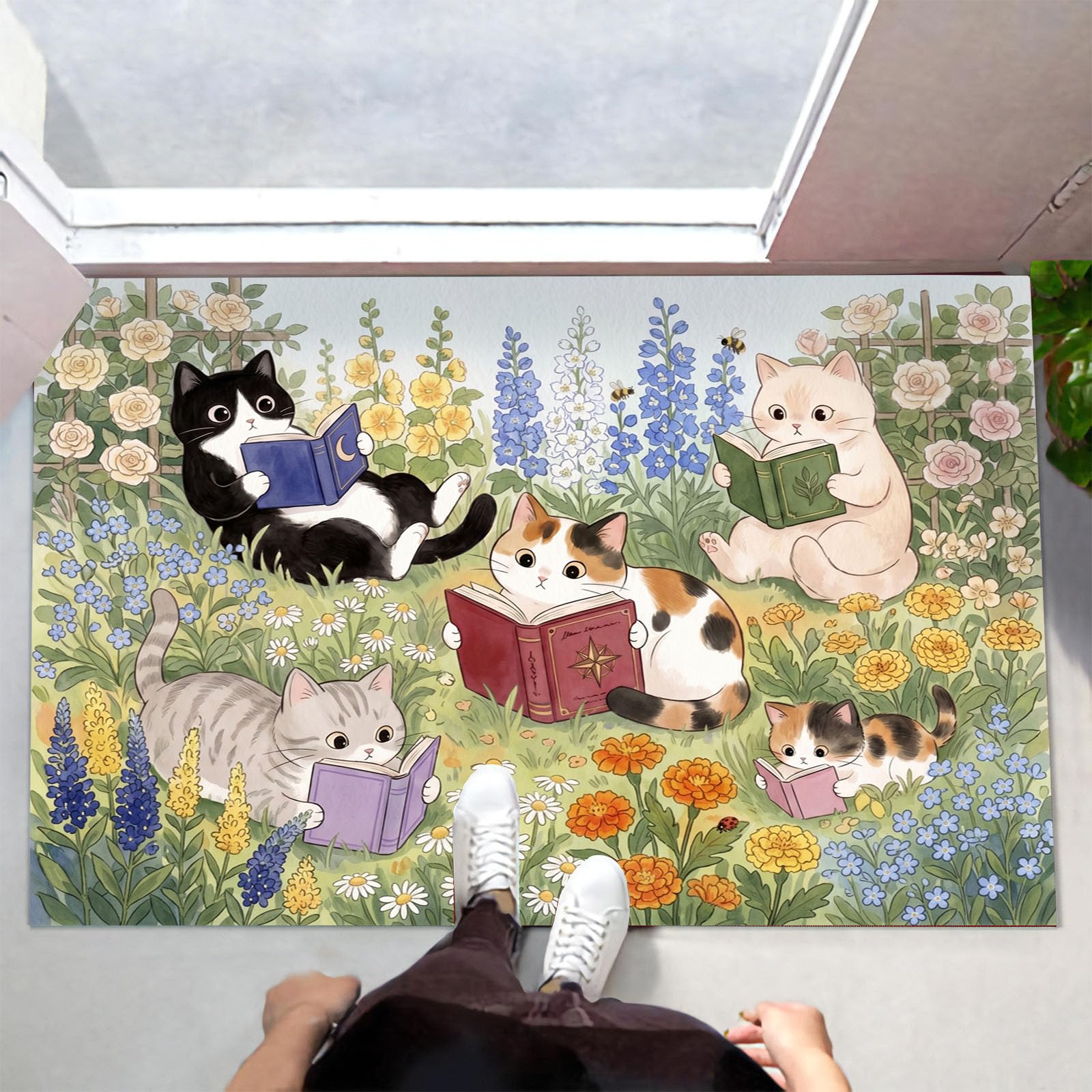 Felpudo Ultrafino Para Interiores,90X150Cm,Jardín De Gatos Campestres Alfombra Antideslizante Lavable Para Entrada,Animales Divertidos Para Leer Felpudo De Perfil Bajo,Atrapa Suciedad,Verde Salvia