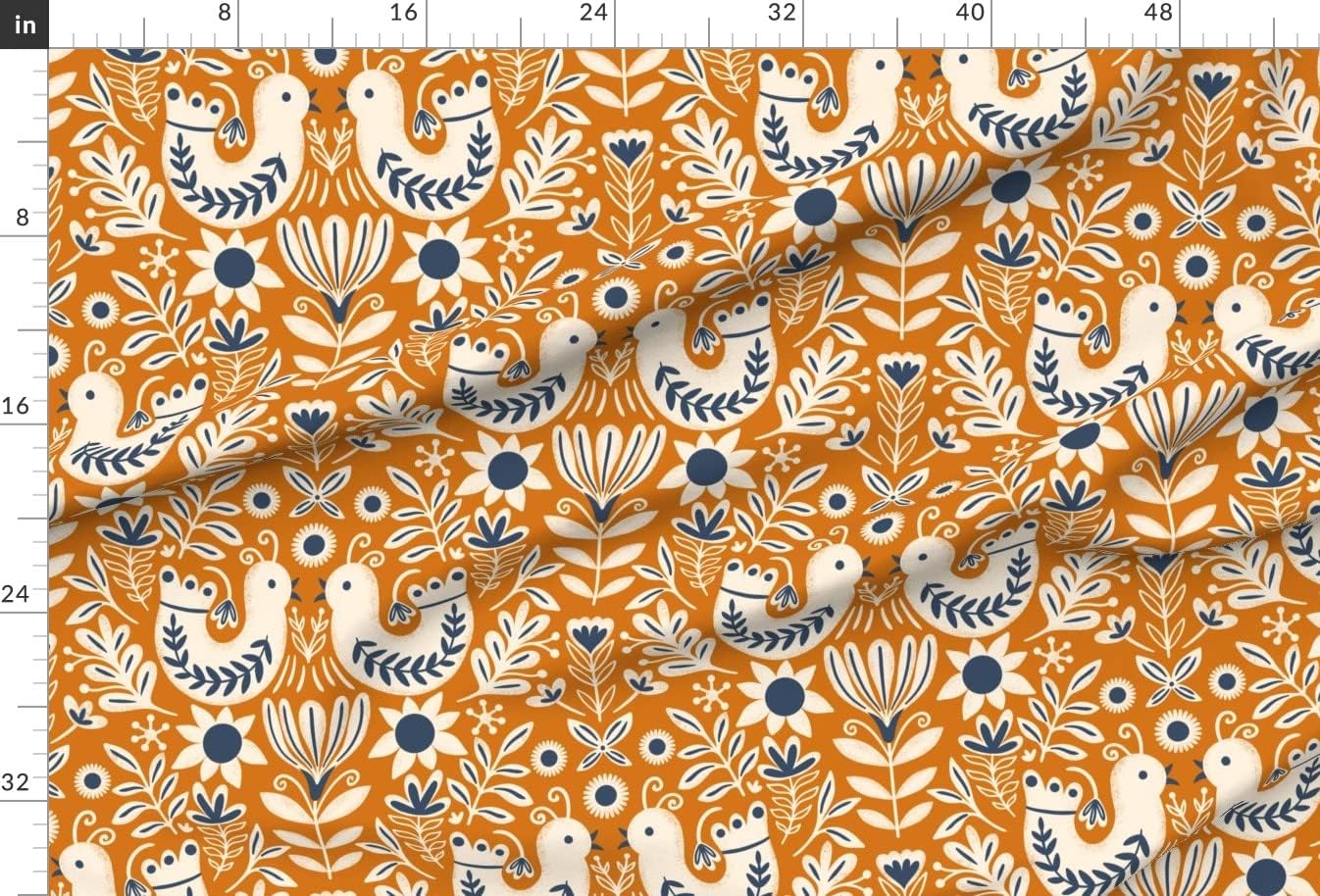 Spoonflower Fabric - Birds Folk Art Scandinavian Nature Holiday Orange Cream Blue Floral Printed on Minky Fabric by The Yard - Sewing Baby Blankets Quilt Backing Plush