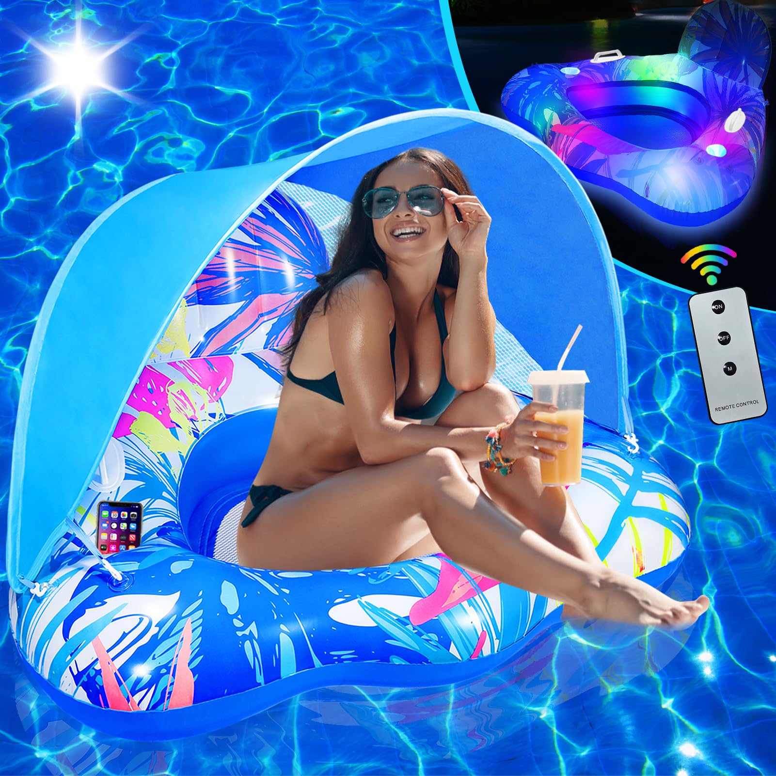 Flotadores de piscina para adultos con toldo, portavasos, silla inflable XL con cubierta de sombra ajustable, silla flotante portátil para piscina, flotadores de piscina con luces LED para adultos