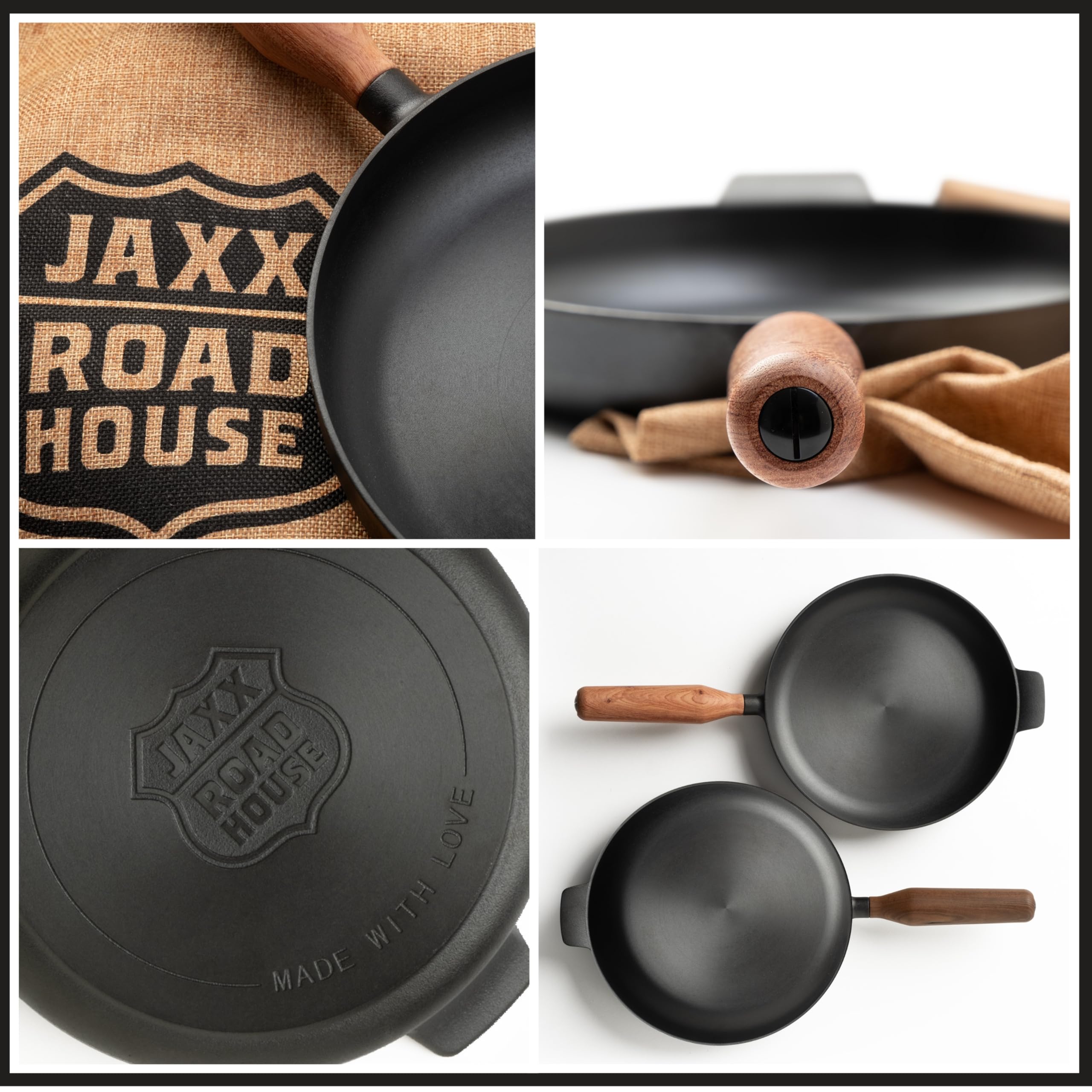 JAXX ROADHOUSE DIE BRATPFANNE - ausgezeichnete Premium Pfanne Gusseisen, Gusseisenpfanne Induktion, 26cm, Handgefertigter Holzgriff, ALLE Herdarten, Voreingebrannt (Walnussholz)
