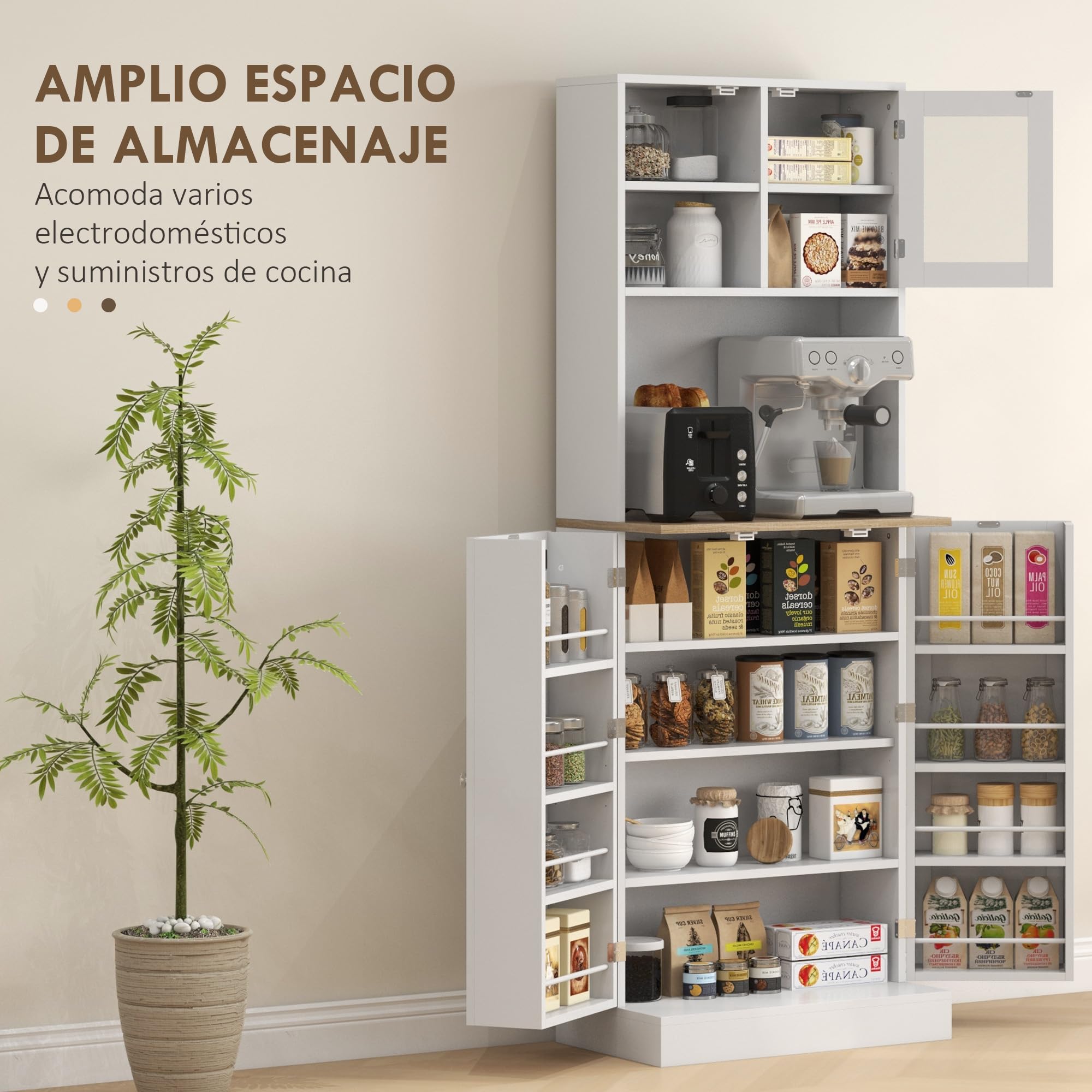 HOMCOM Alacena de Cocina, Armario de Cocina con 3 Puertas, Estantes Regulables y 8 Compartimentos en la Puerta, para Salón, Comedor, 60x35x169 cm, Blanco