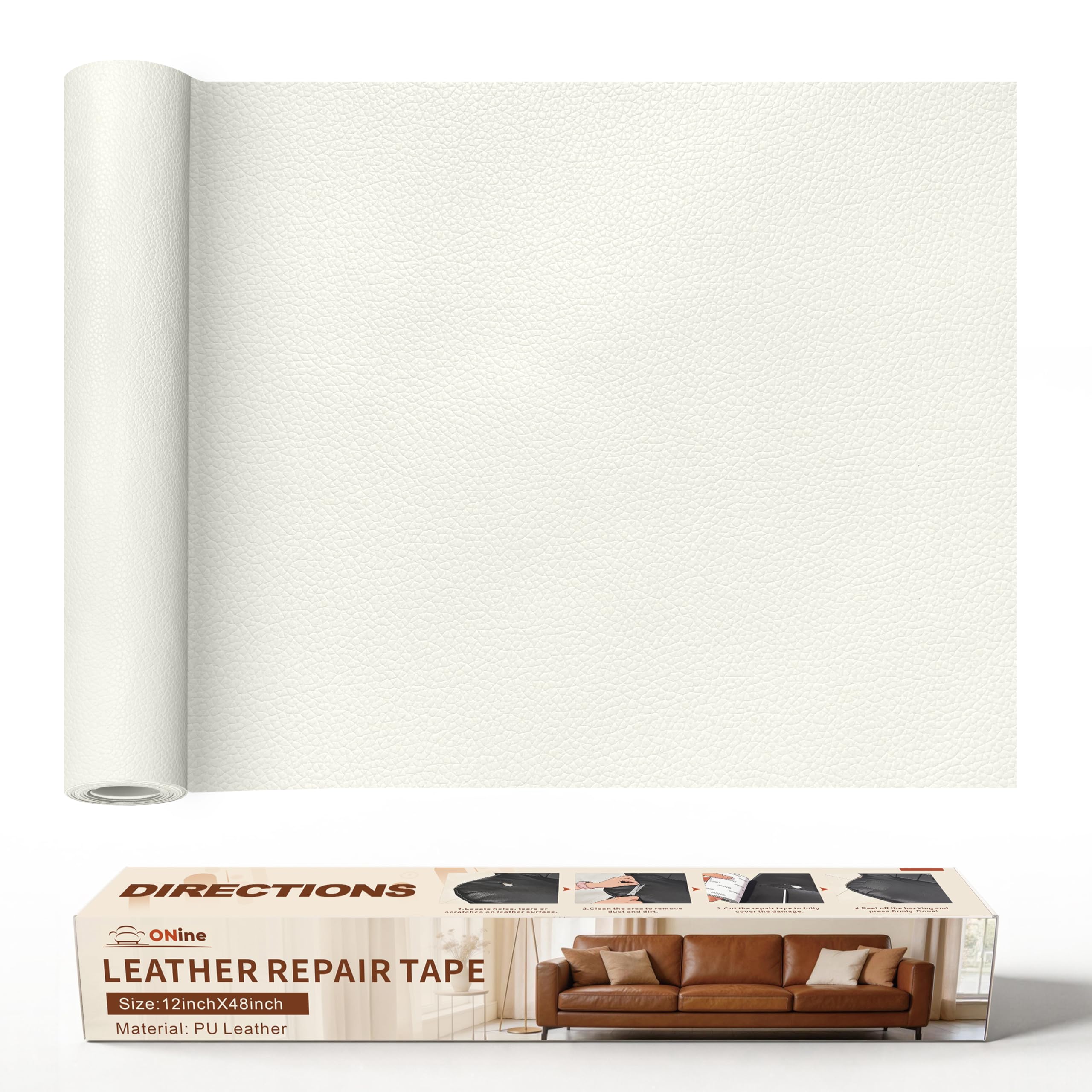 ONine Leather Repair Patch，Leather Repair Tape, 12 x 48 inches Leather Repair Patch for Furniture,Vinyl Repair Kit，Leather Couch Patch，for Sofas, Furniture, Car Seats(White-Litchi Grain)