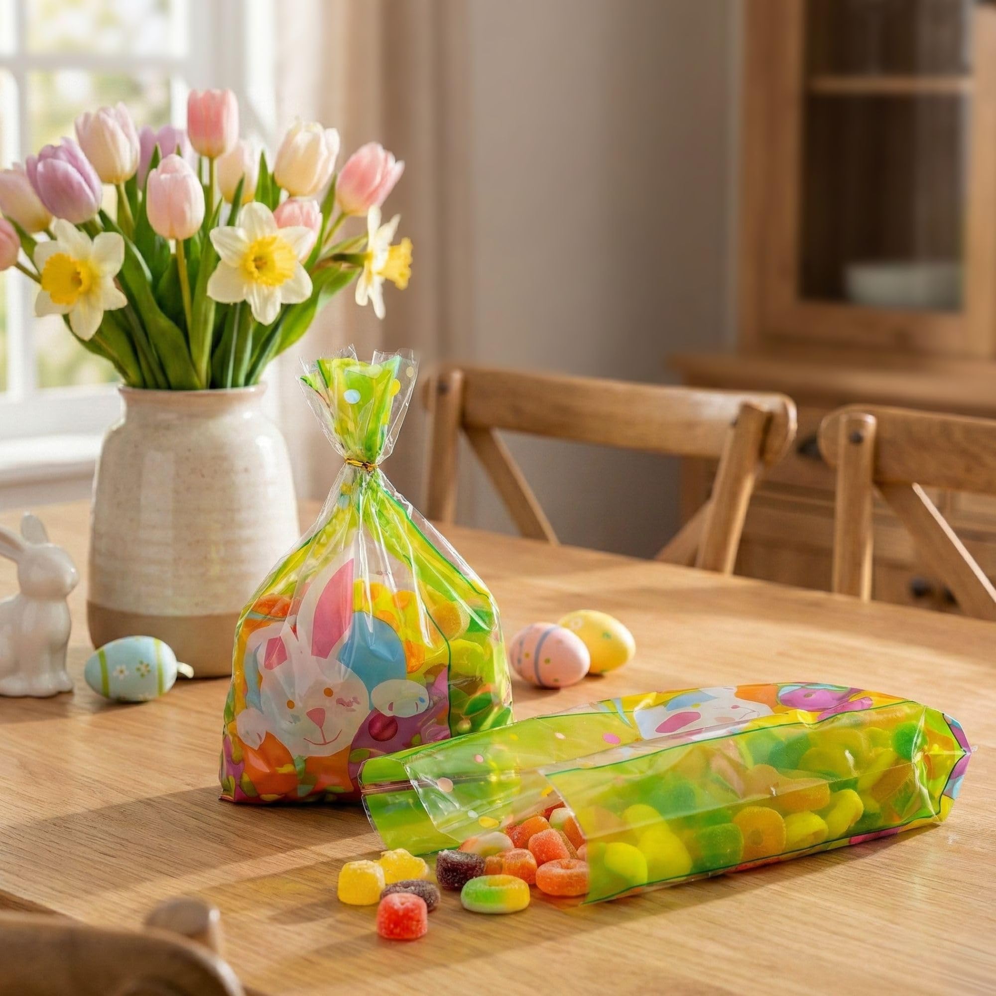 Restaurantware Bolsas de dulces Bag Tek de 5 x 3 x 11 pulgadas, 100 bolsas de dulces impresas con fuelle – Conejo de Pascua, lazos giratorios se venden por separado, bolsas de plástico para caramelos