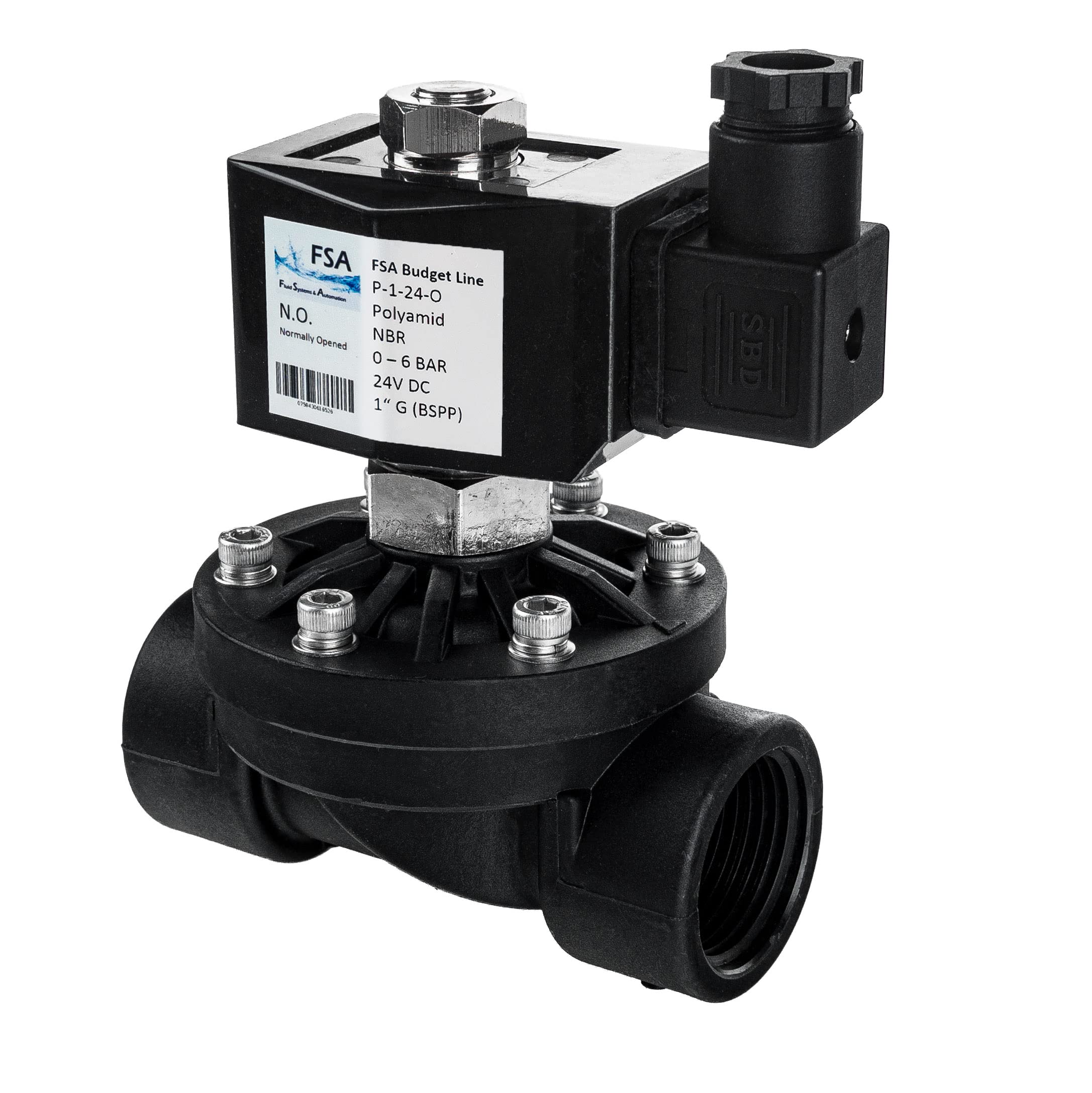 FSA Elettrovalvola in PA6 di Plastica 1" 24V DC 0-6 bar NBR normalmente aperta