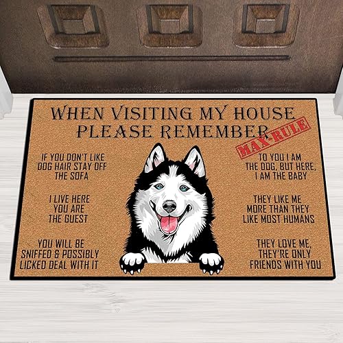 HAMMI Tapete de puerta de Husky Siberiano  Tapete personalizado para perro con reglas de la casa, divertido tapete personalizado para puerta