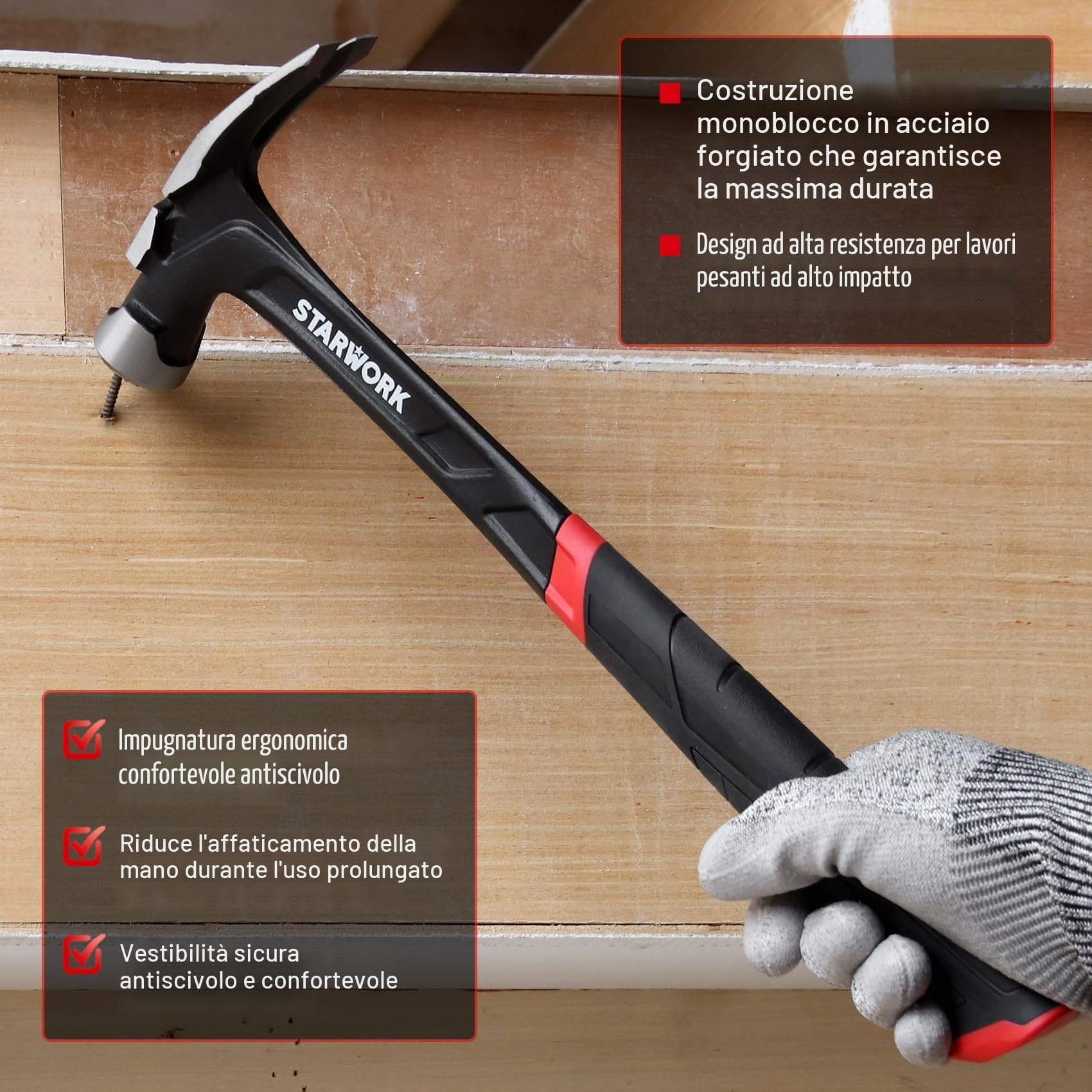 STARWORK TRUE MECHANIC™ - Martello a granchio da 625 g con supporto magnetico per chiodi e testa zigrinata, martello per incorniciature, martello da carpentiere, martello forgiato resistente in un