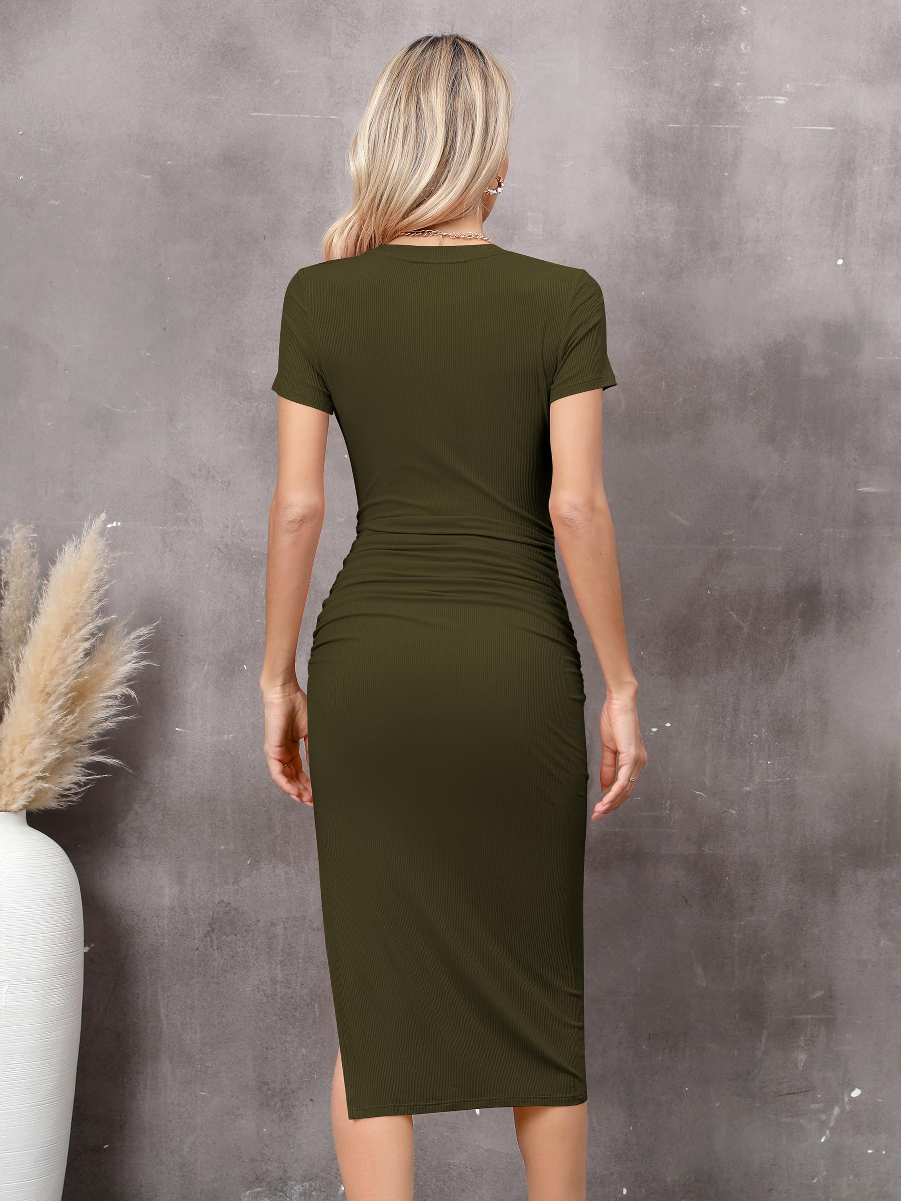Missufe Robe d'été pour femme - Robe midi - Robe décontractée moulante avec fente - Robe crayon serrée à manches courtes - Robe plissée moulante