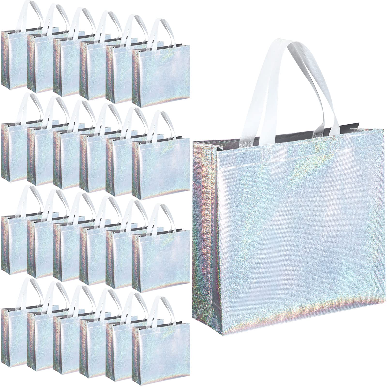 Eccliy 60 Pcs Reusable Gift Tote Bags Housekeeping Appreation Grocery Shopping Bag with Handles for Bridesmaid Wedding(Silver Iridescent)