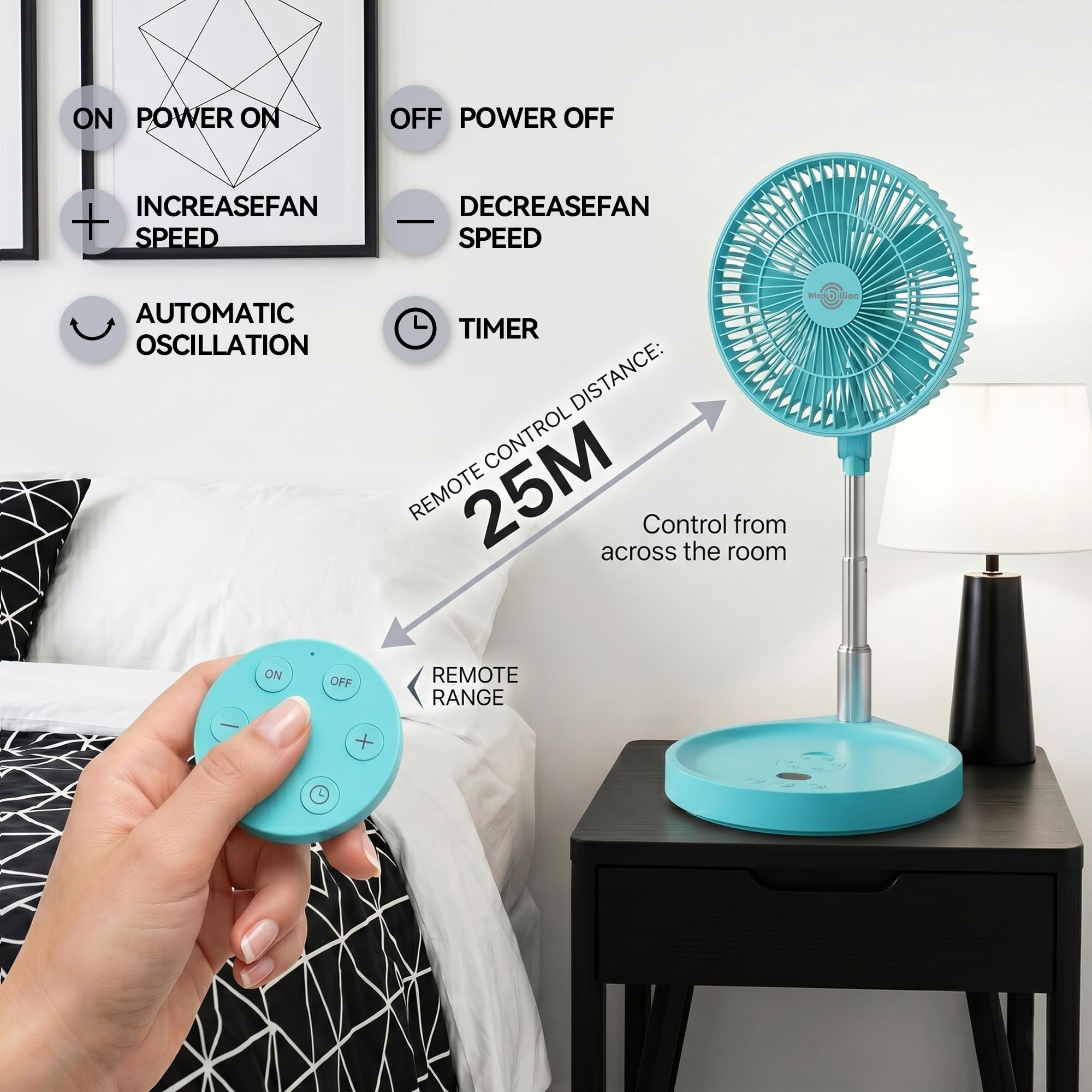 Ventilatore portatile ricaricabile a piedistallo, ventilatore pieghevole H6 da tavolo e da tavolo, 16000 mAh, design pieghevole senza fili con telecomando, 5 velocità, flusso d'aria