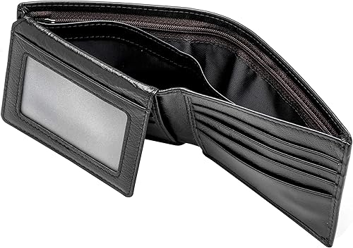 Miniatura 5 de POKOFO Cartera plegable de cuero genuino con bloqueo RFID para hombres con cremallera y 2 ventanas de identificación