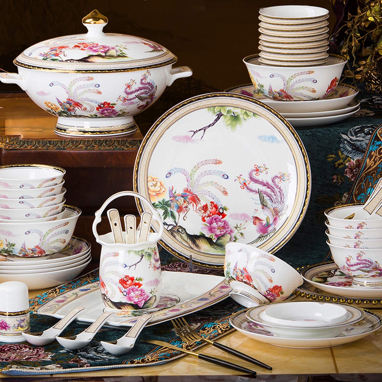 Klasyczna zastawa stołowa z ceramiki, Zestaw naczyń ceramicznych, Wysokiej klasy emaliowany porcelanowy garnek/talerz/miska na zupę | Zestawy obiadowe z porcelany kostnej, 50 sztuk
