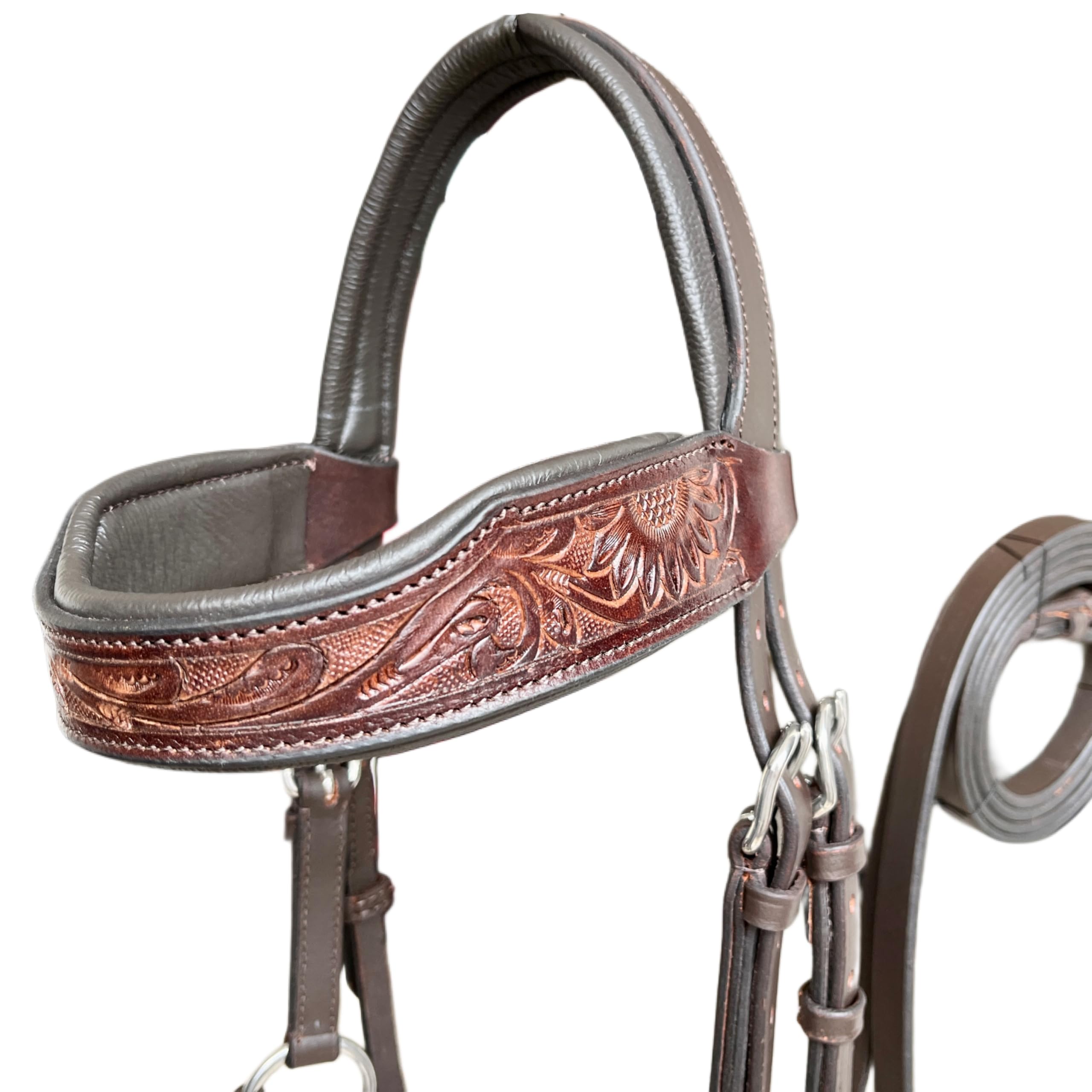 Kayfcrafts Oiled Leather Horse Side Pull Bitless Bridle Full Leather Reins (Brown with Light Antique Work, Full)