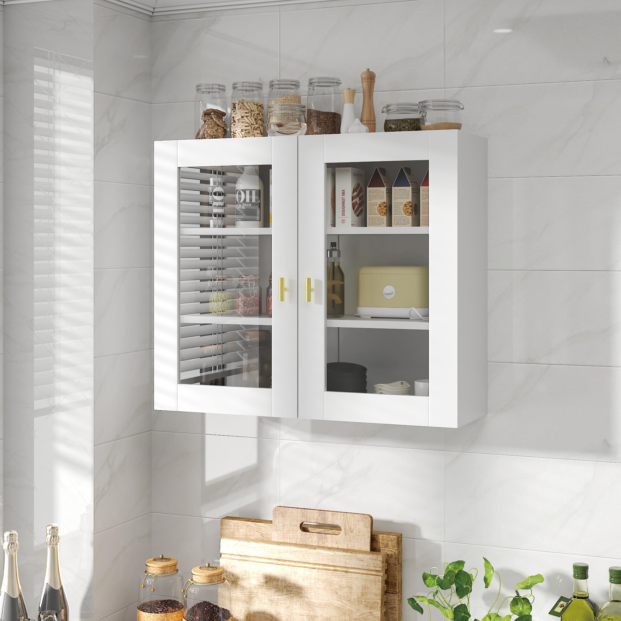 KEEPREAPER Hängeschrank 70cm Küchenhängeschränke mit 2 Glastüren, Wandschrank für Gewürze, Medizinschrank & Apothekerschrank Wandmontage, Geeignet für Küchen, Wohnzimmer, Flur (Weiß)