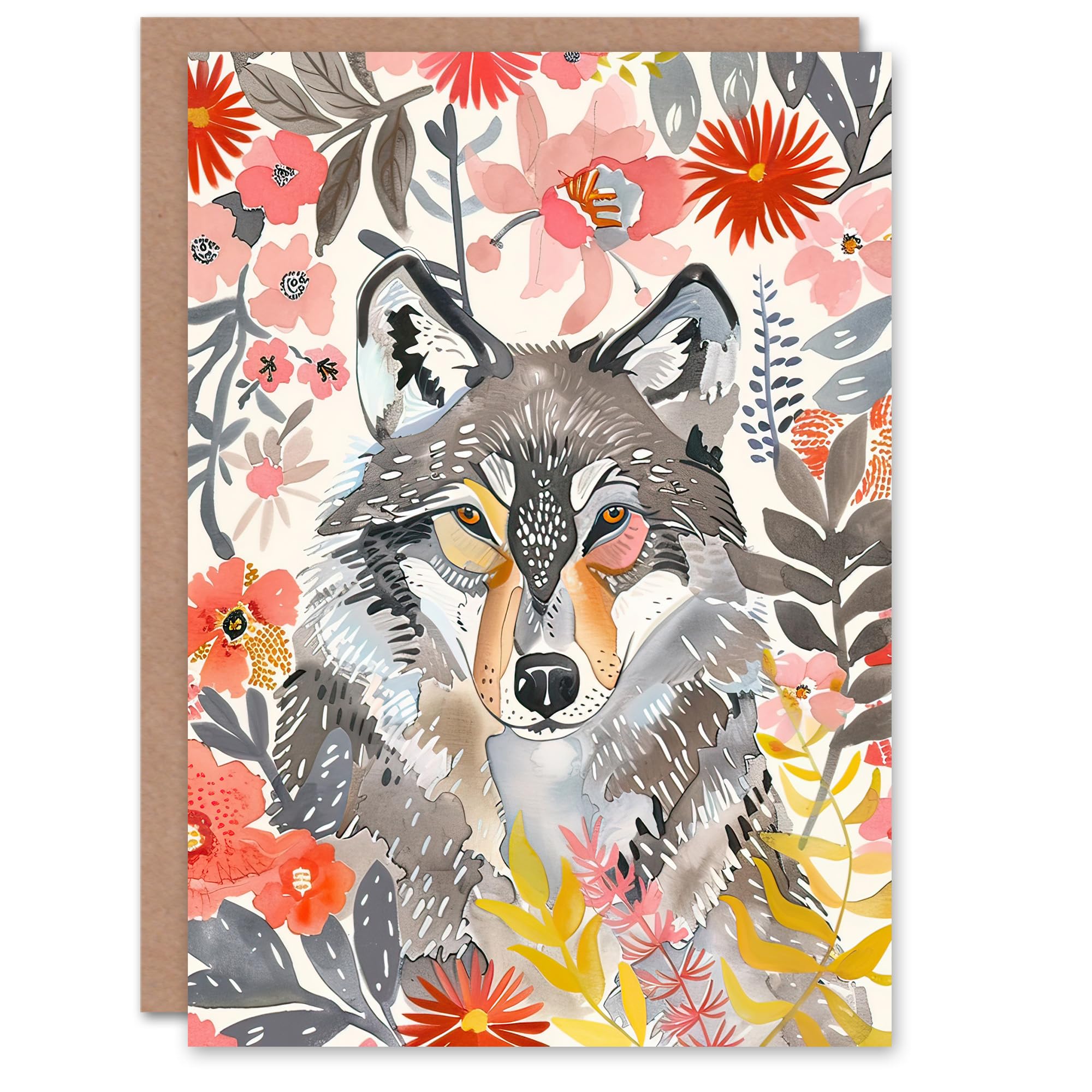 Artery8 Greeting Card Grey Wolf Pink Floral Watercolour Animal Portrait For Her Woman Birthday Card