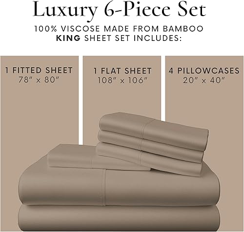 Miniatura 5 de Bamboo Bay Juego de sábanas de 6 piezas, 100% viscosa hecha de bambú, transpirable, ultrasuave, refrescante, para personas que duermen con calor