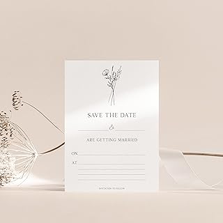 Wedding Save The Date Cards -10 Pack Minimalist Design Line Drawn Flowers- Envelopes Included-Boho Botanical Style- Save T...