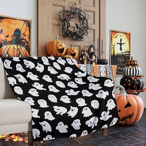 Miniatura 3 de Manta de Halloween divertida con fantasma, lindo y espeluznante de Halloween, manta de franela ligera y acogedora para sofá, cama, decoración del