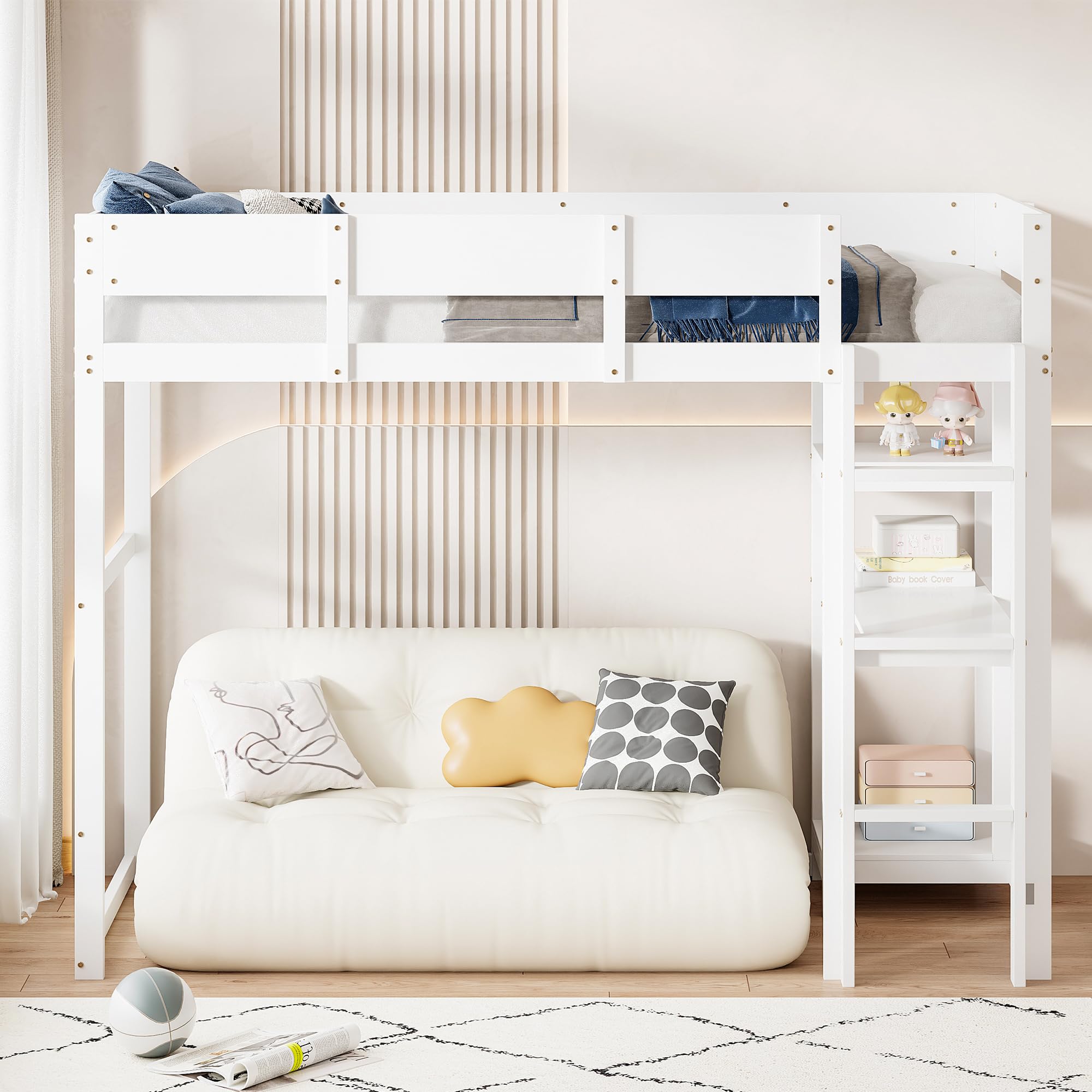 Aoskem Kinderbett Hochbett 90x200, Etagenbett Hausbett mit Leiter, Stauraum Regale und Schreibtisch, Holzbett Einzelbett Jugendbett Bettgestell mit Rausfallschutz und Lattenrost, Ohne Matratze Weiß