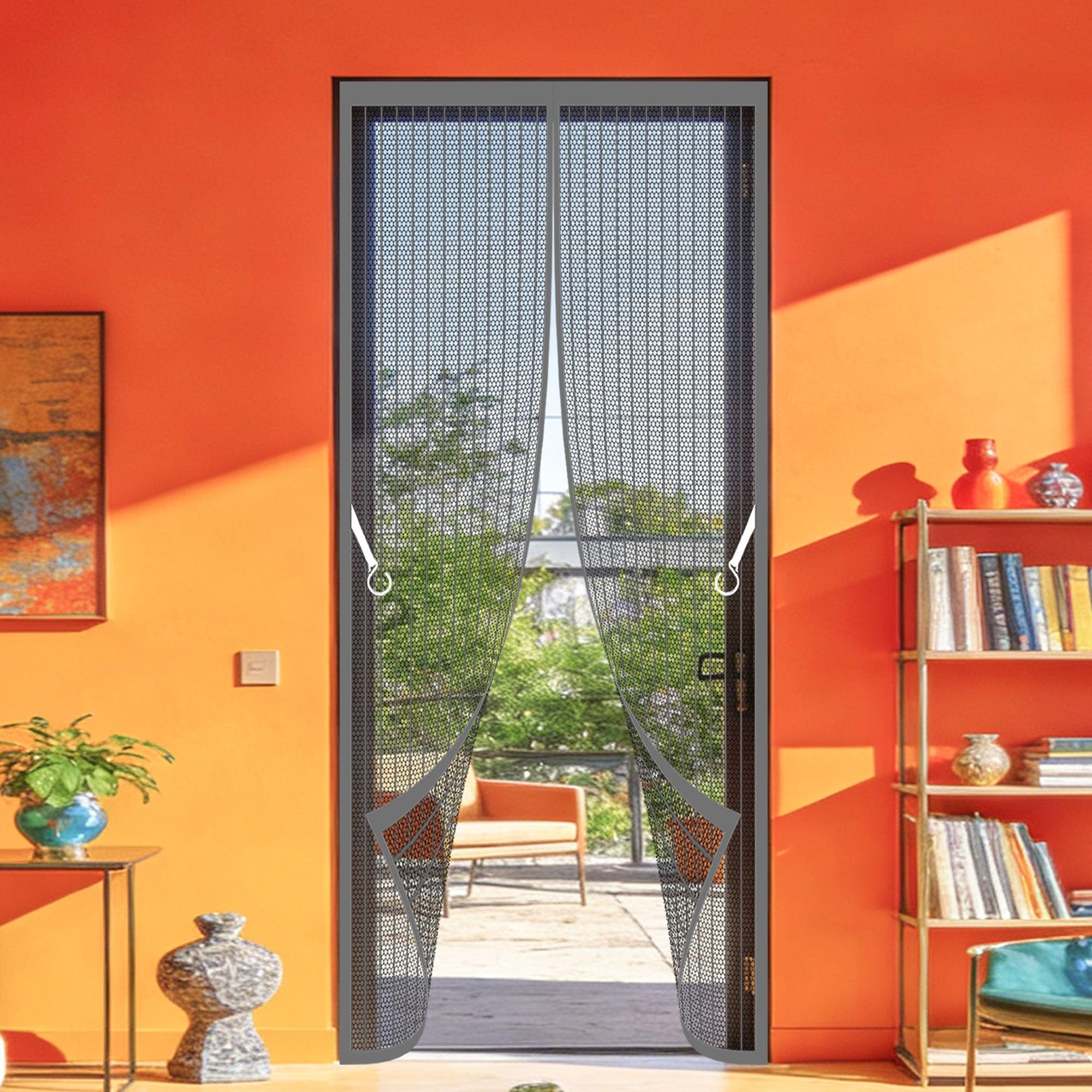 Moustiquaire pour porte gris 110x298cm avec fermeture automatique sans perçage
