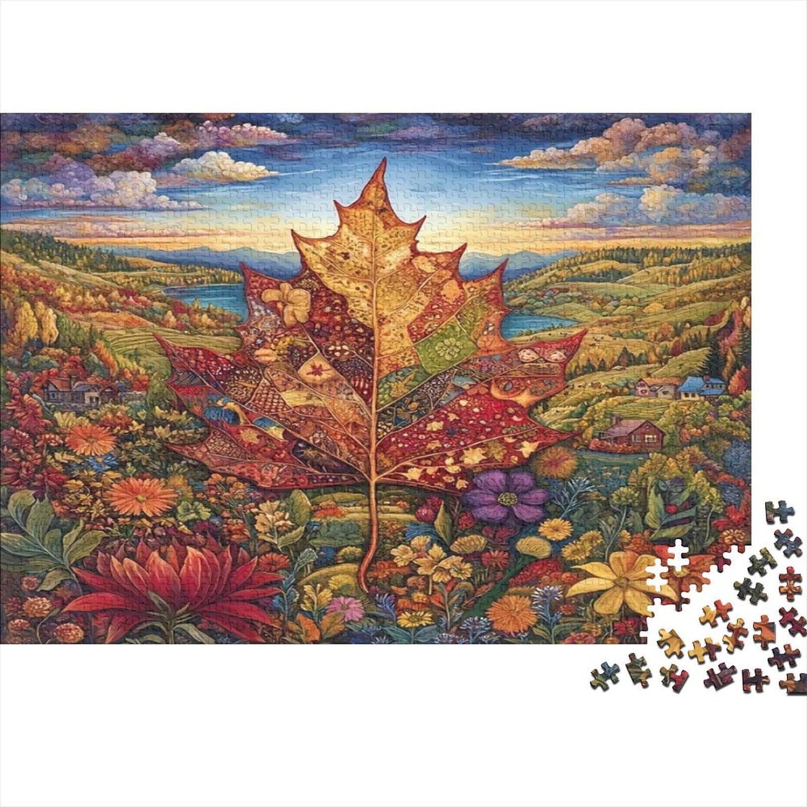 Autumn Maple Leaf Landscape 1000 Piece Jigsaw Puzzle Paper for Adults Colorful Countryside Nature Puzzle Game for Family Stress Relief Gift Decor 52x38cm/1000pcs