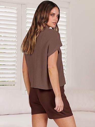 Miniatura 4 de ANRABESS Conjunto de ropa de verano de dos piezas para mujer, suéter de punto, pantalones cortos, sin botones y pantalones cortos, conjunto de ropa