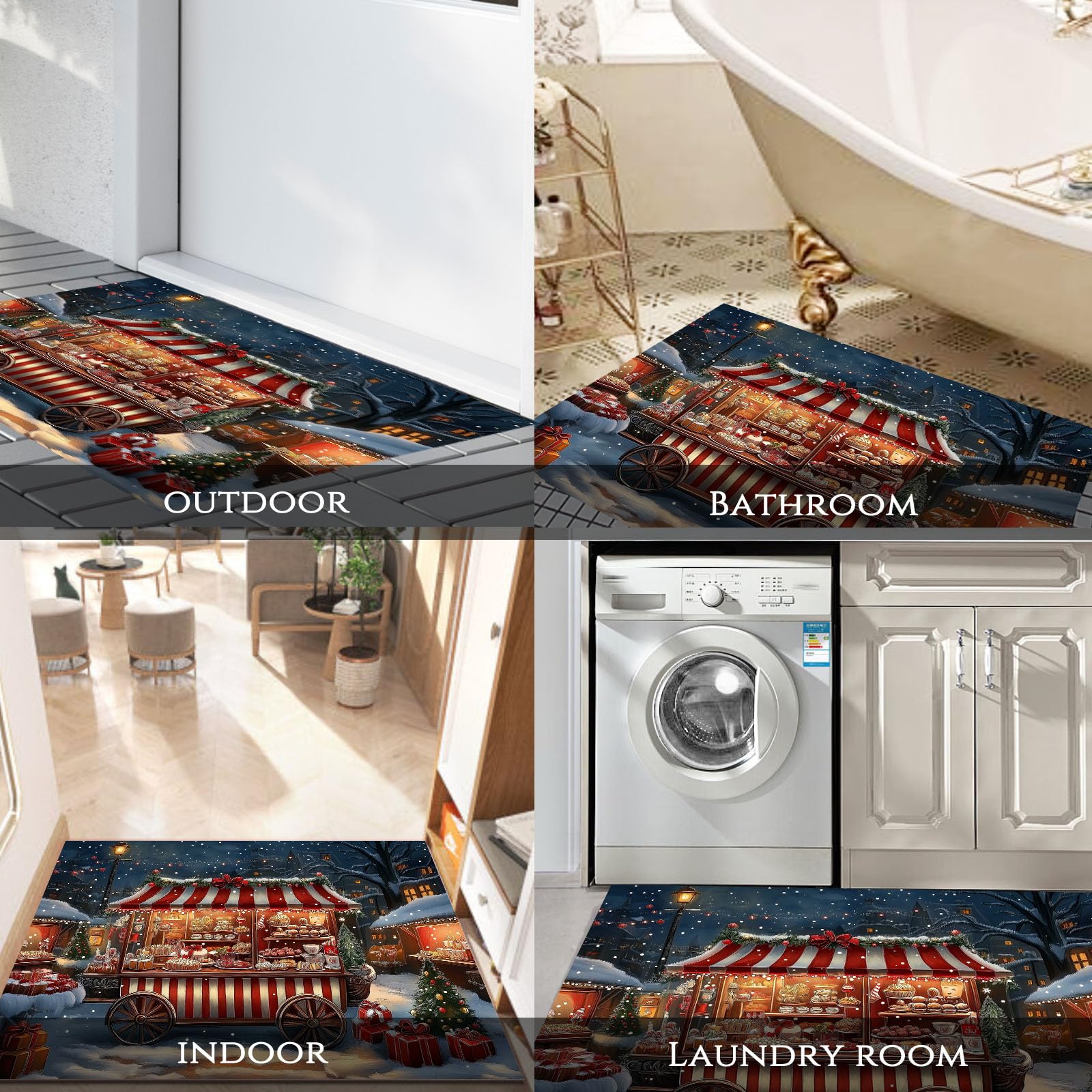 Felpudo de Entrada Casa Cochecito Navideño 60x120cm Alfombra Exterior para Puerta Impermeable, Lavabl Alfombrilla Comida Navideña Antideslizante para Recibidor, Pasillo, Cocina - Rojo