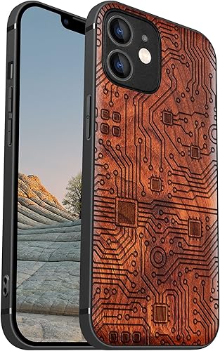 Miniatura 21 de Carveit Funda magnética de madera para iPhone 12 Pro [madera natural y TPU suave negro] a prueba de golpes, funda de madera única y elegante