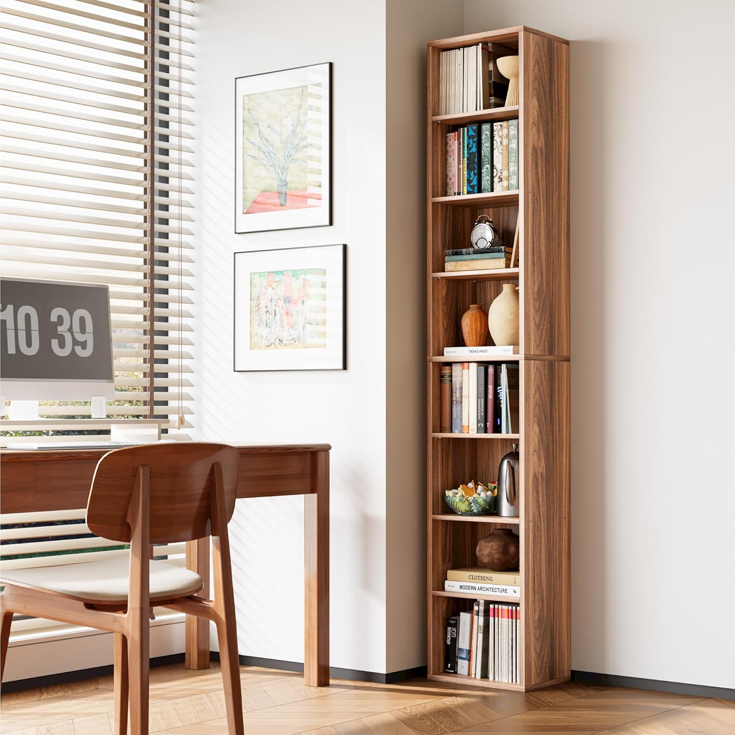 IRONCK Tall Narrow Bookshelf 8 Tiers, Compact Corner Bookcase, Floor Standing Display Storage Shelves 71 in Tall, Easy to Match for Living Room, Office, Study, Bedroom