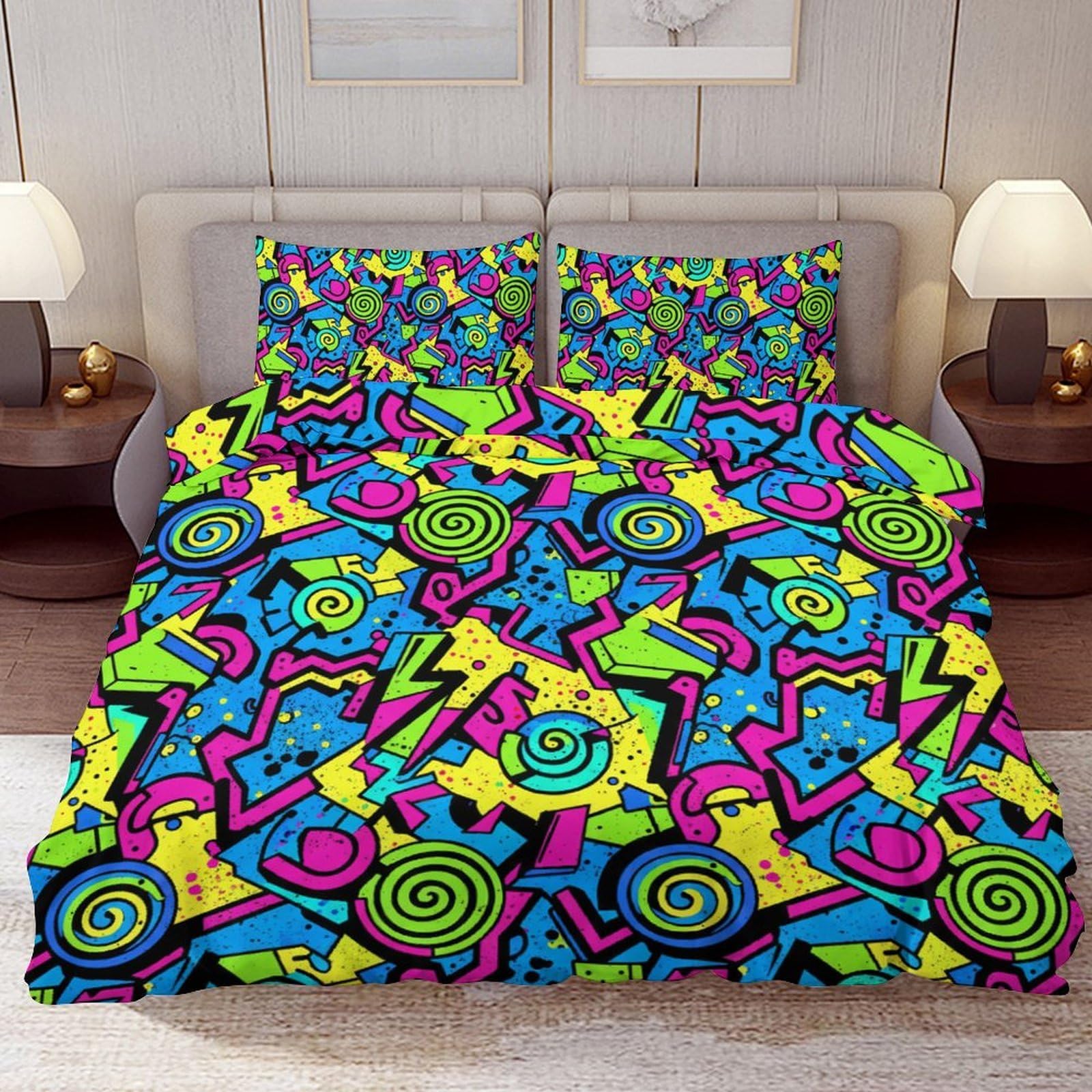 Delerain Comforter Cover Set Queen Size, Neon Abstract 90s Retro 3-Piece Bedding Set for Women Men Modern Soft Microfiber Bedroom Set Room Decor, 1 Duvet Cover + 2 Pillowcases