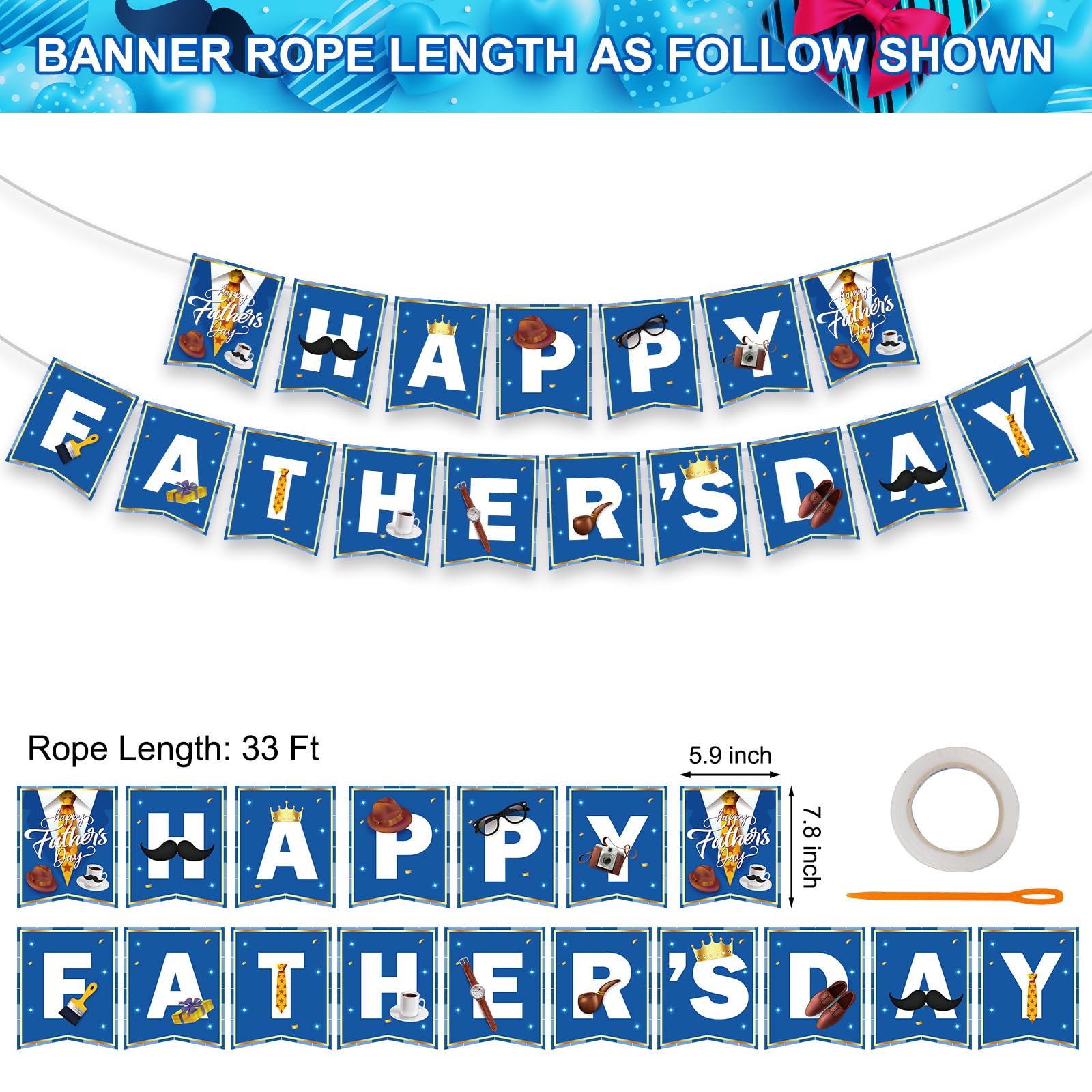 Happy Fathers Day Banner Bunting - Blue Party Garland Decorations From Son & Daughter