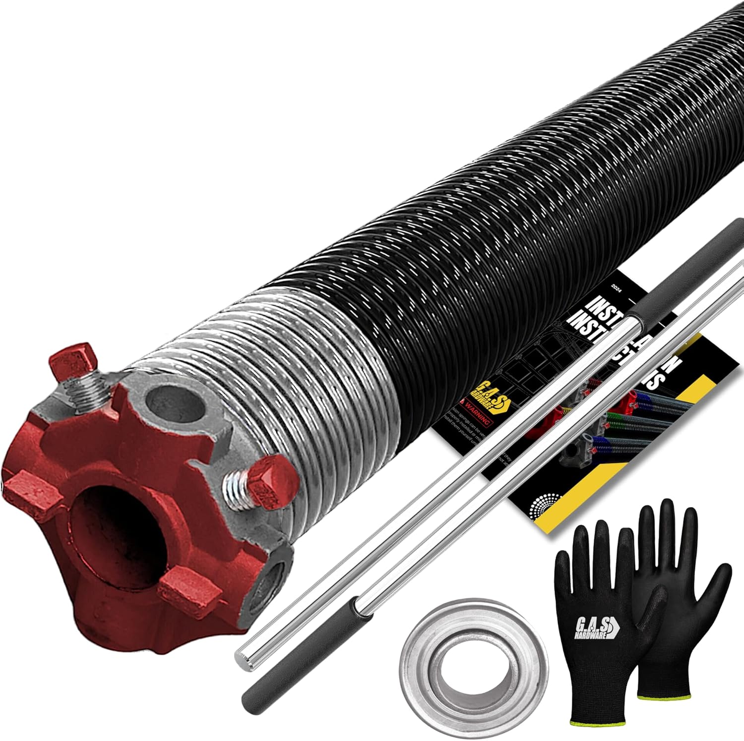 Garage Door Torsion Spring 218x1.75x26 includes 1” Steel Bearing, Non-Slip Gloves, and Winding Bars for Left Side of Garage Door Precision E-Coating 5-Year Warranty Min. 30,000 Cycles (Red Cone)