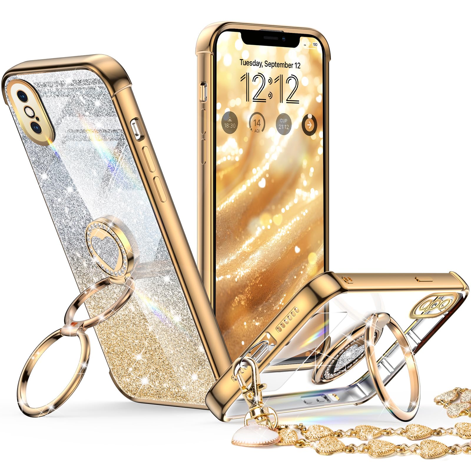 XYZ for iPhone Xs Max Case with Stand, Phone Case with Double Ring Kickstand, Women Girls Bling Luxury Glitter Clear Phone Case Cover Heart for iPhone