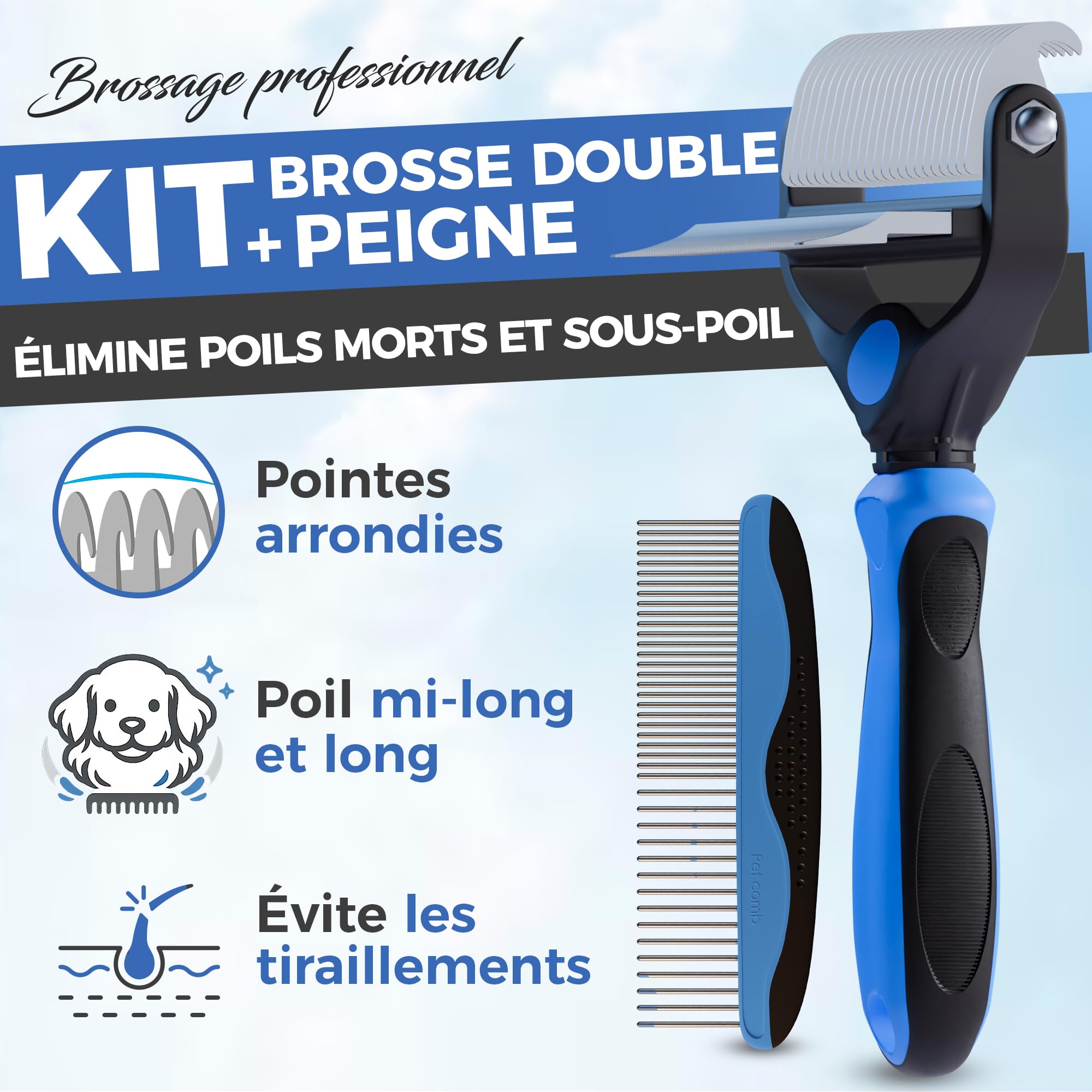 Brosse pour chiens et chats à poils longs - Grand peigne professionnel démêlant et brosses démêlant pour chiens, chats persans et animaux de compagnie à poils courts (Grand)