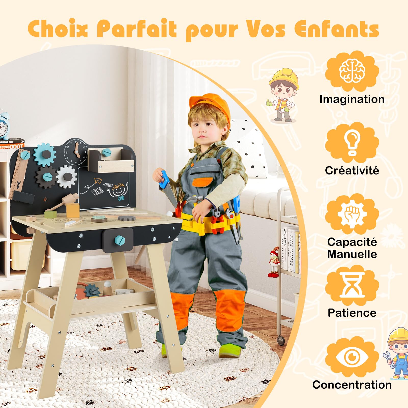 COSTWAY Établi Enfant avec Outils et Accessoires, Atelier Bricolage Enfant en Bois avec Étagères de Rangement, Tableau Noir, Horloge, Marteau, Tournevis, pour Garçons et Filles de 3+ Ans