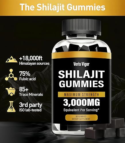 Miniatura 3 de Gomitas Shilajit del Himalaya de 3000 mg para hombres y mujeres, apoyo de energía y fuerza, 60 unidades, resina Shilajit natural del Himalaya con