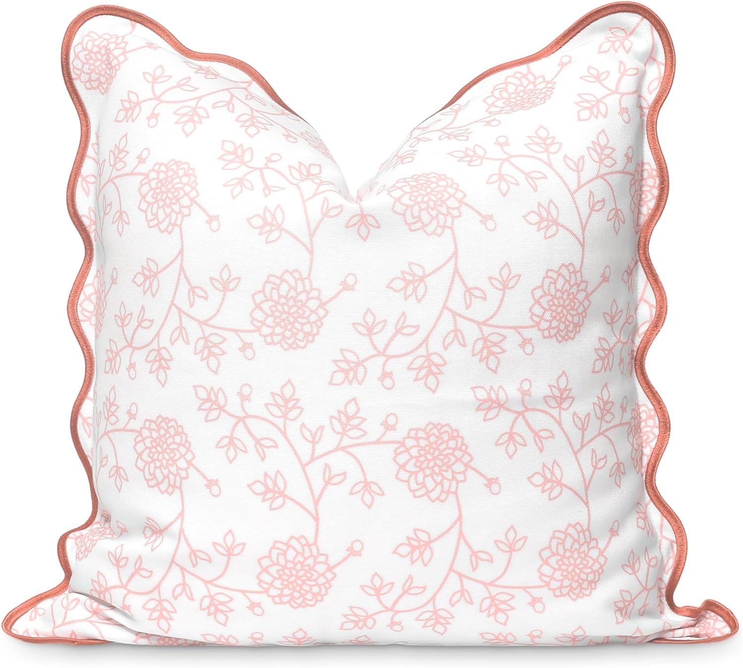 Hofdeco Premium Coastal Patio Indoor Outdoor Scalloped Throw Pillow Cover Only, 20"x20" Water Repellent for Backyard, Couch, Blush Pink Print Dahlia Floral
