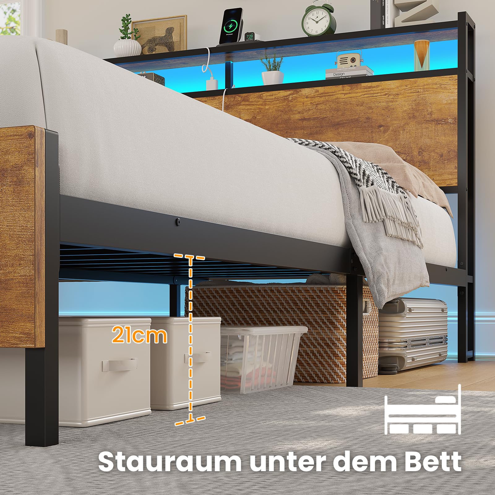 Brinlawb Bett 140x200 mit Lattenrost aus Metall Doppelbett mit LED Beleuchtung und Ladestation (2 AC-Steckdosen 2 USB-Anschlüsse) Bettrahmen, Bettgestell 140x200cm mit Holzkopfteil und Stauraum, Braun